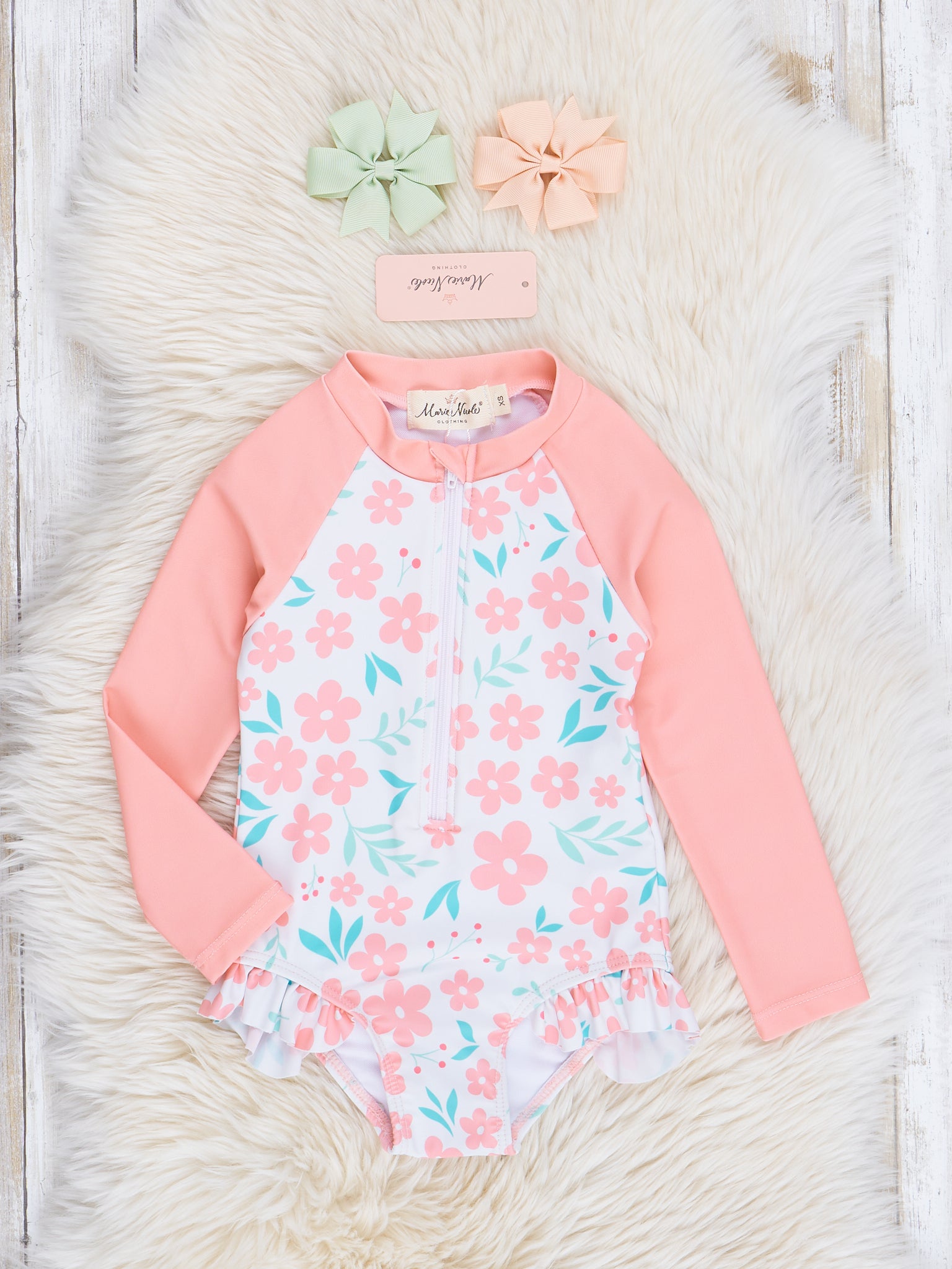 Coral & Teal Tropical Blooms Ruffle Rashguard - Marie Nicole Clothing