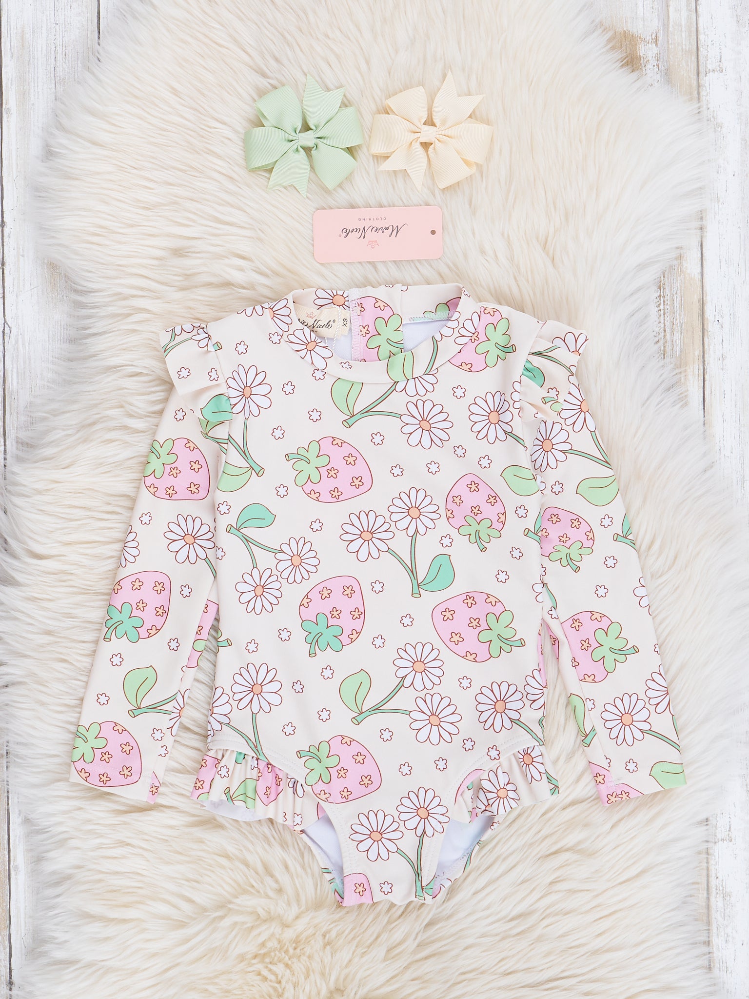 Cream Stawberries & Daisies Ruffle Swimsuit - Marie Nicole Clothing