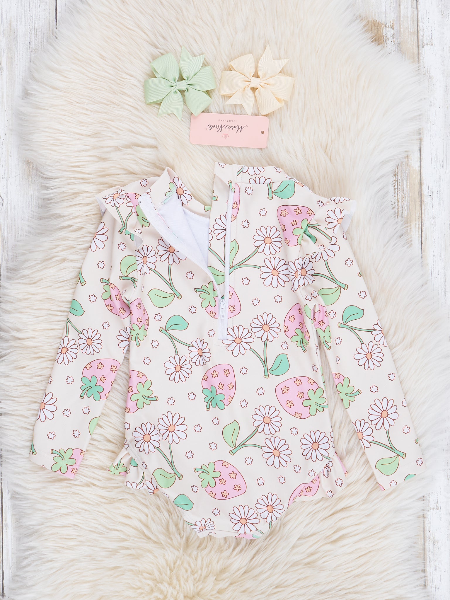 Cream Stawberries & Daisies Ruffle Swimsuit - Marie Nicole Clothing