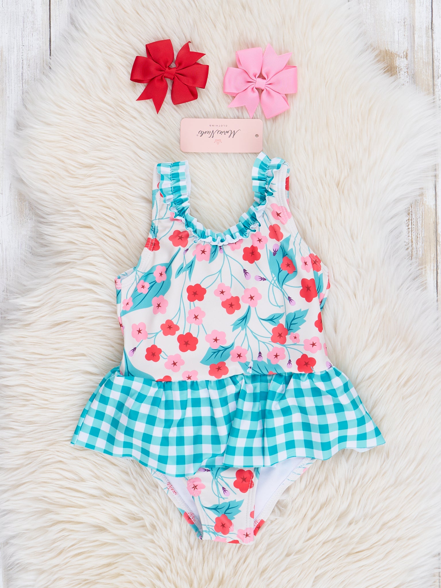 Mom & Me Teal Gingham & Blooms Ruffle Swimsuit - Marie Nicole Clothing