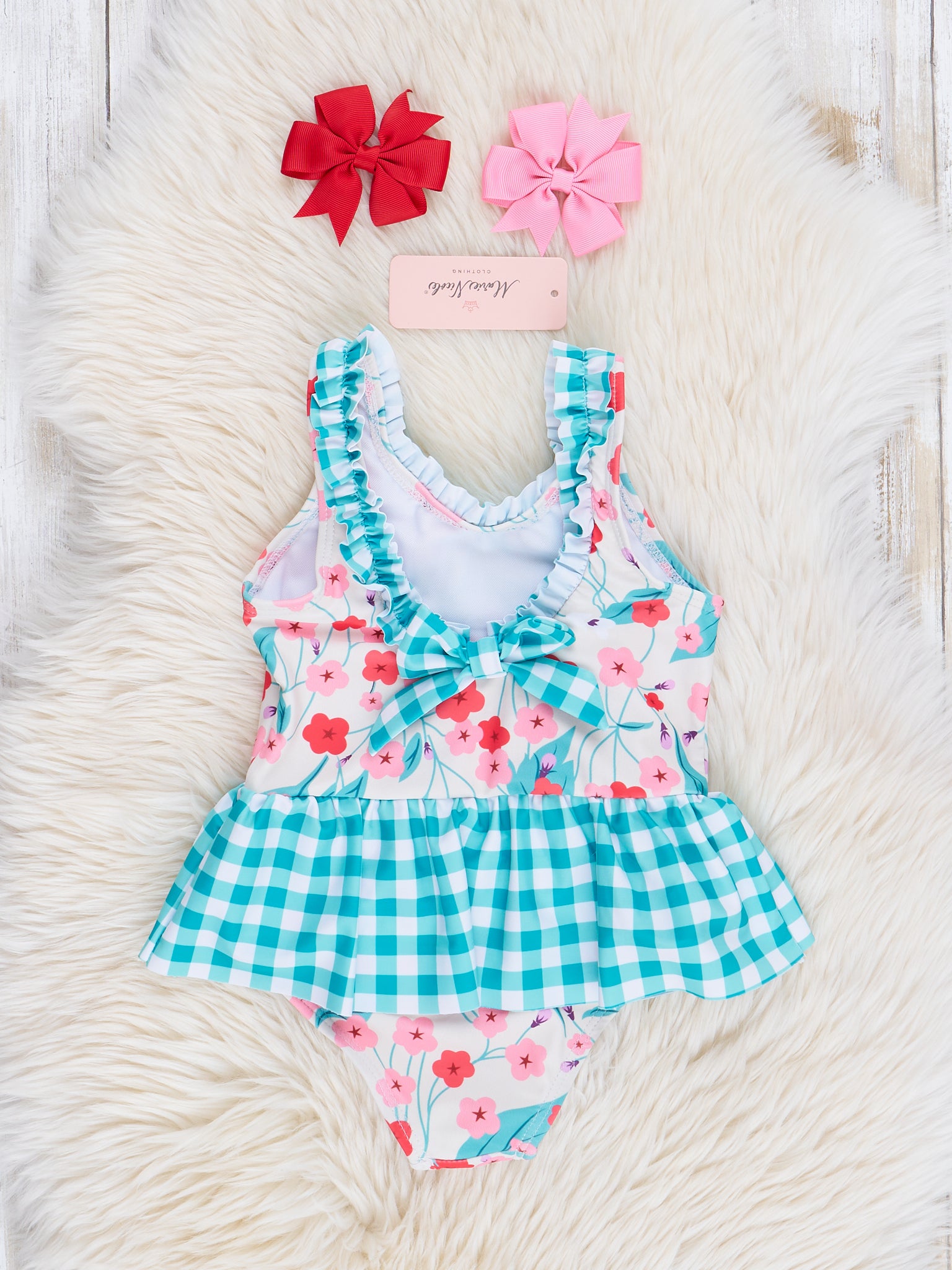 Mom & Me Teal Gingham & Blooms Ruffle Swimsuit - Marie Nicole Clothing