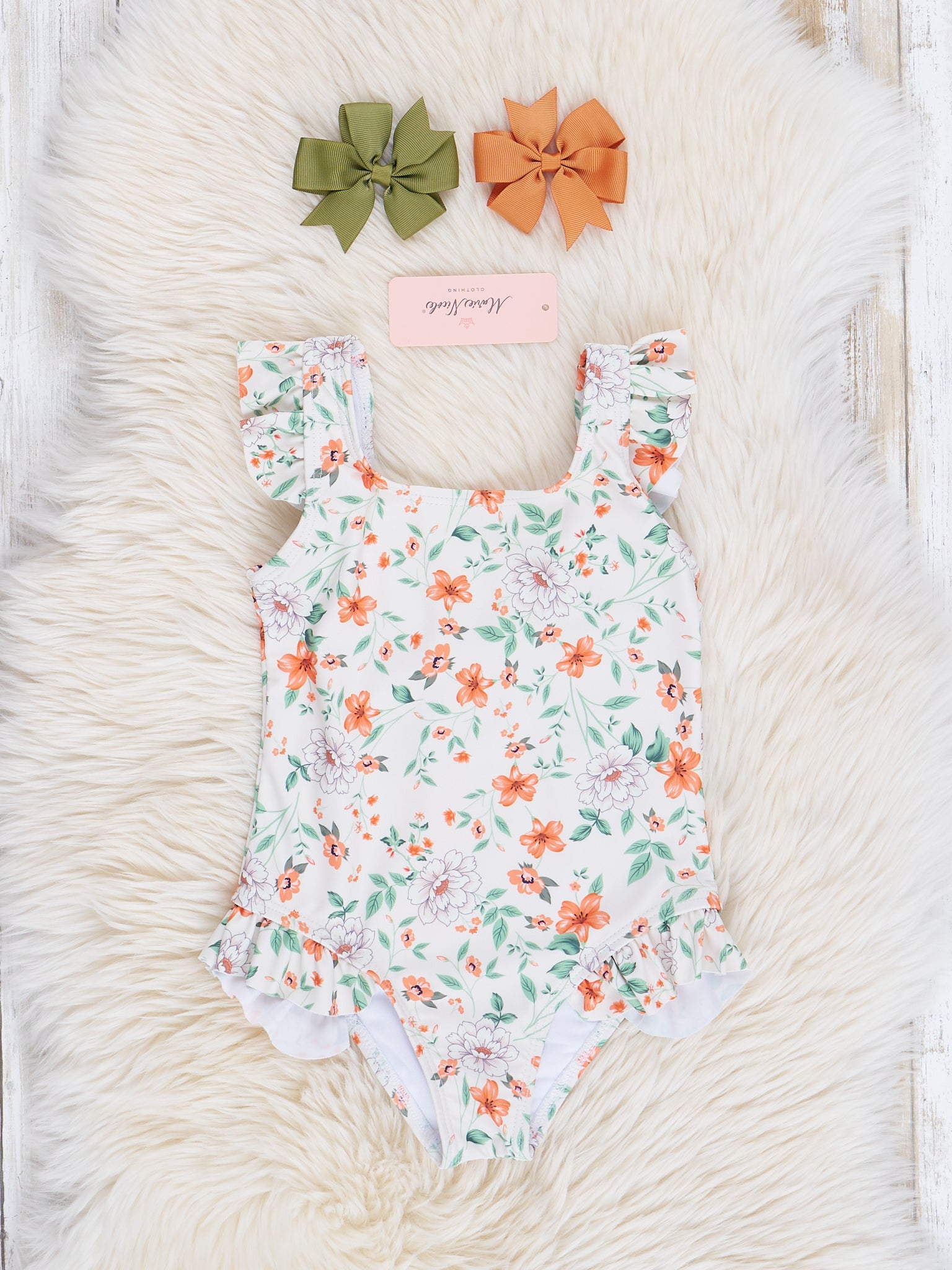 Mom & Me Orange & Green Blooms Swimsuit - Marie Nicole Clothing