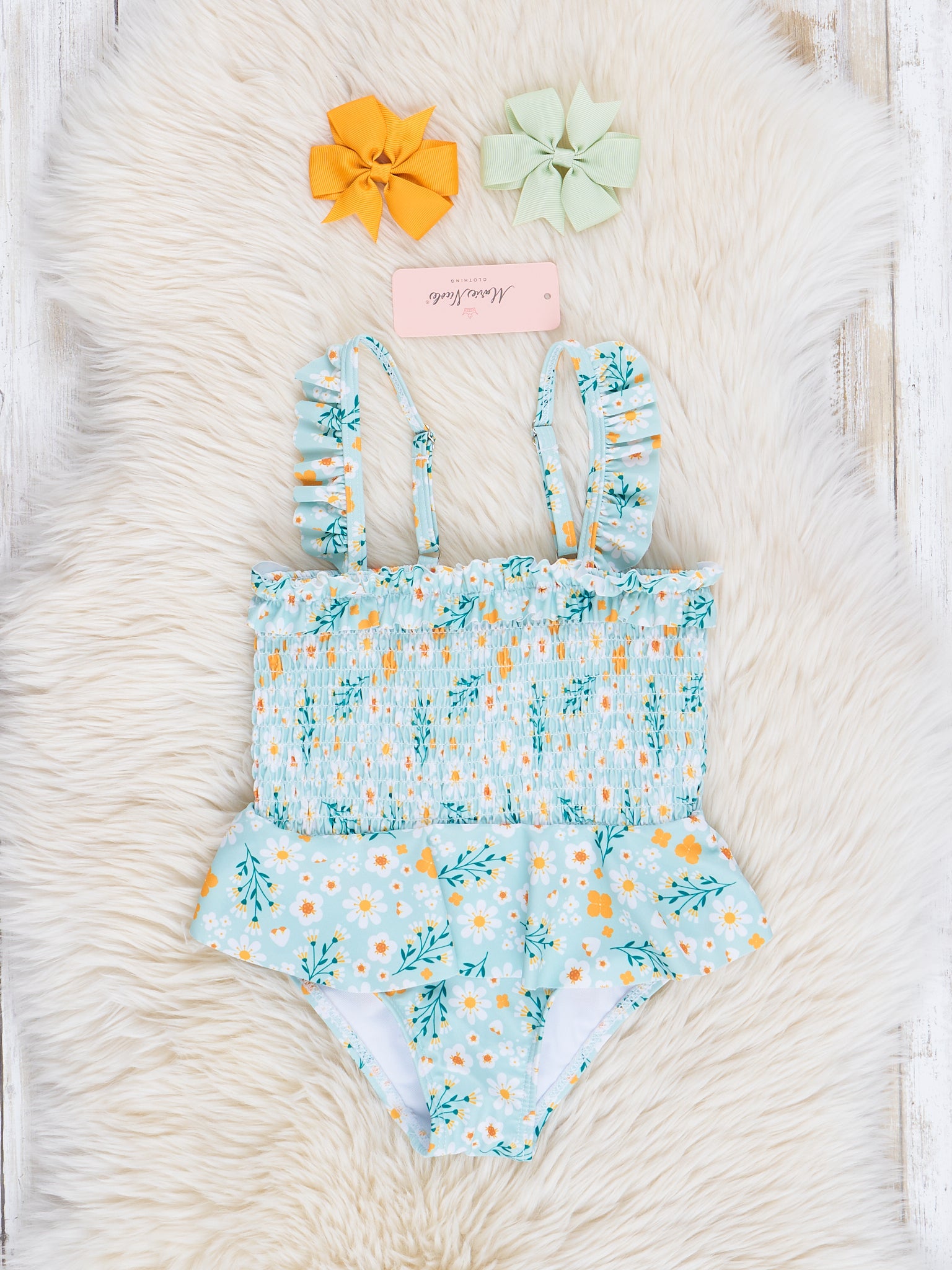 Mom & Me Mint & Yellow Blooms Smocked Swimsuit - Marie Nicole Clothing