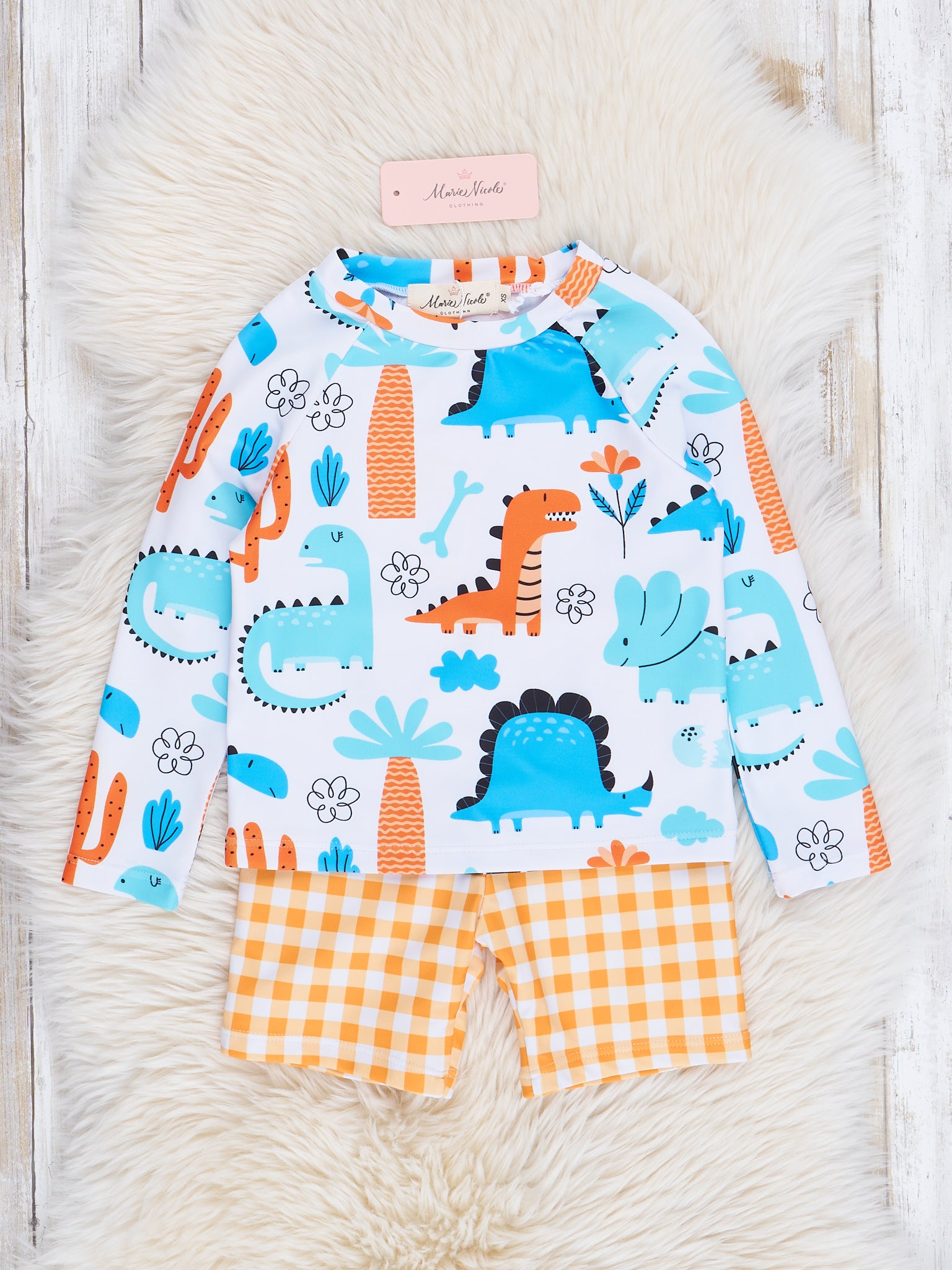 Dinos & Orange Gingham Swim Set - Marie Nicole Clothing