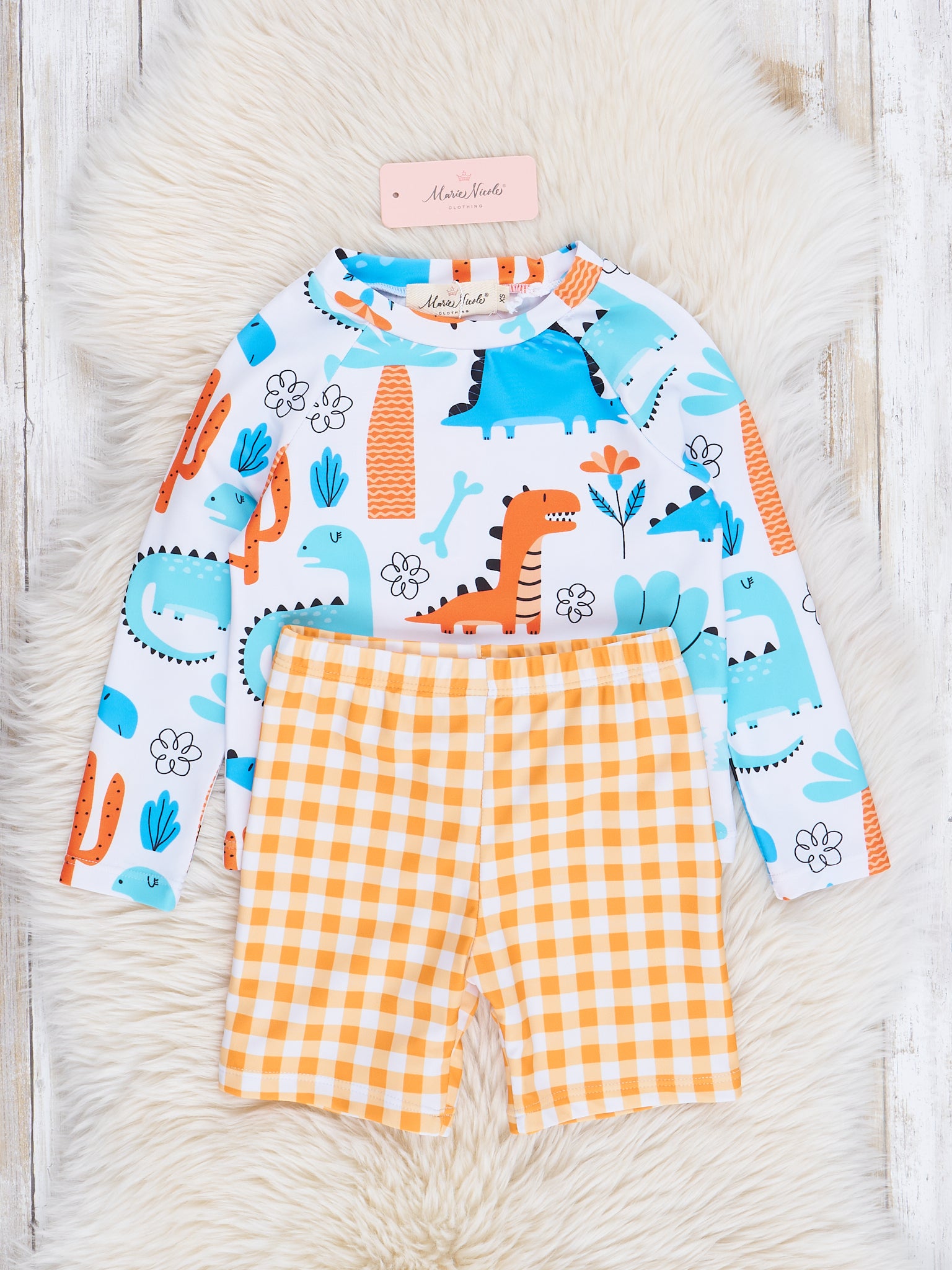 Dinos & Orange Gingham Swim Set - Marie Nicole Clothing