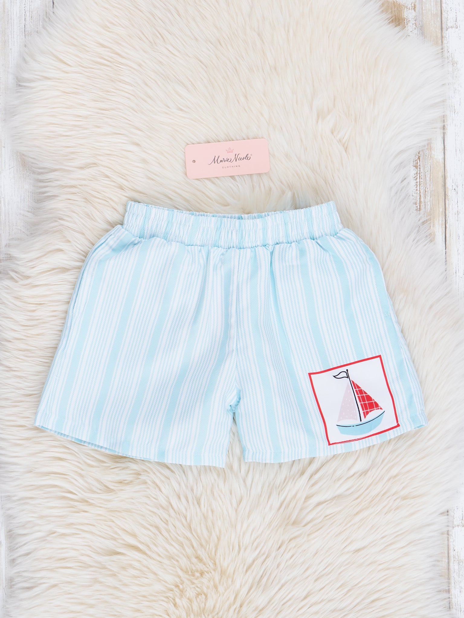 Light Blue Sail Away Striped Swim Trunks - Marie Nicole Clothing