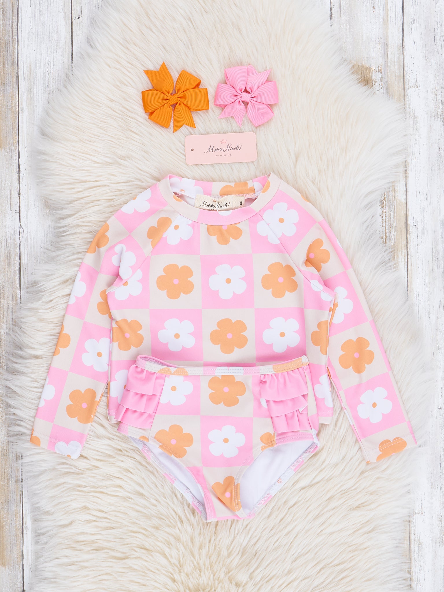 Pink & Orange Daisy Squares Swimsuit - Marie Nicole Clothing