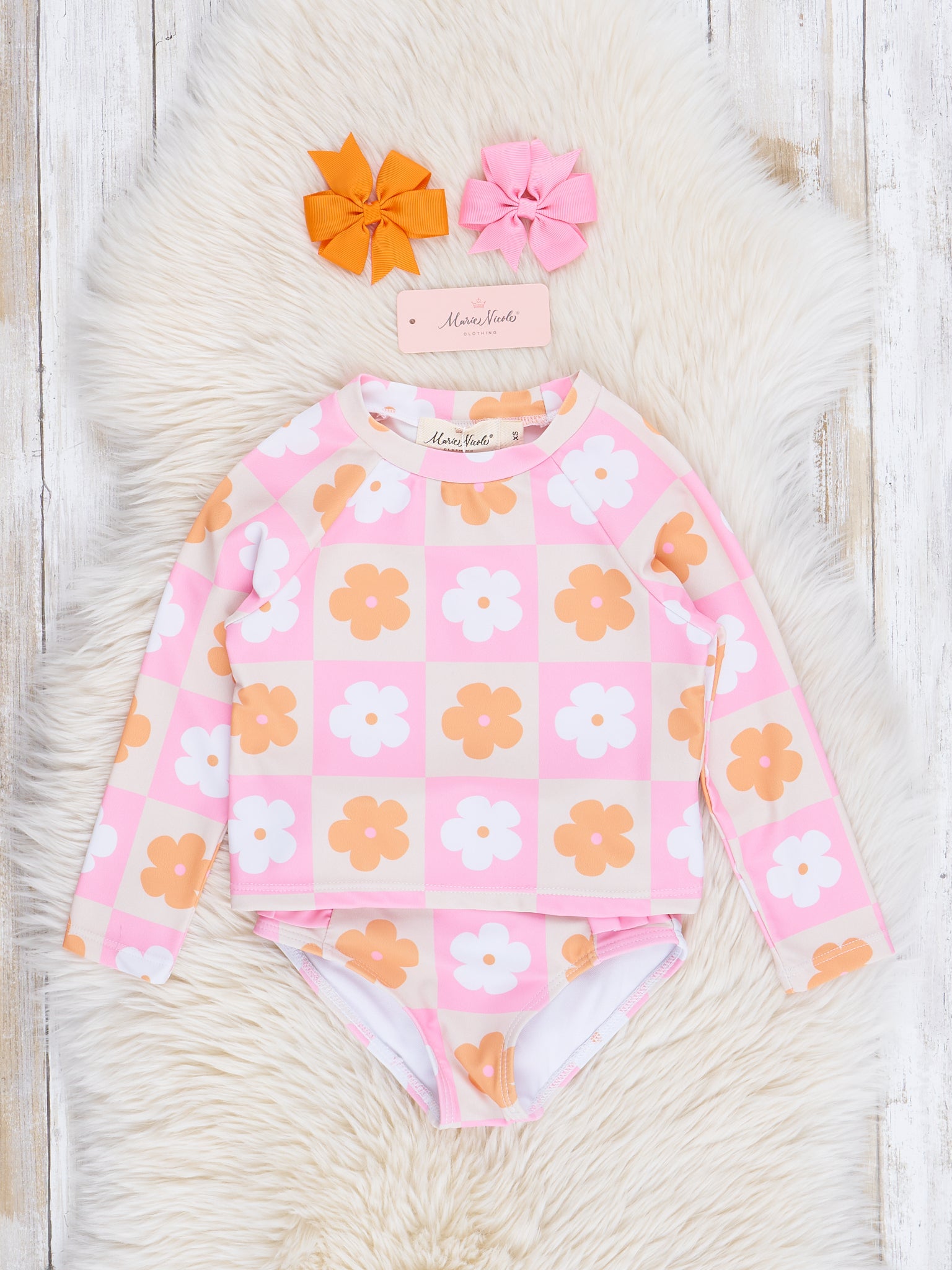 Pink & Orange Daisy Squares Swimsuit - Marie Nicole Clothing