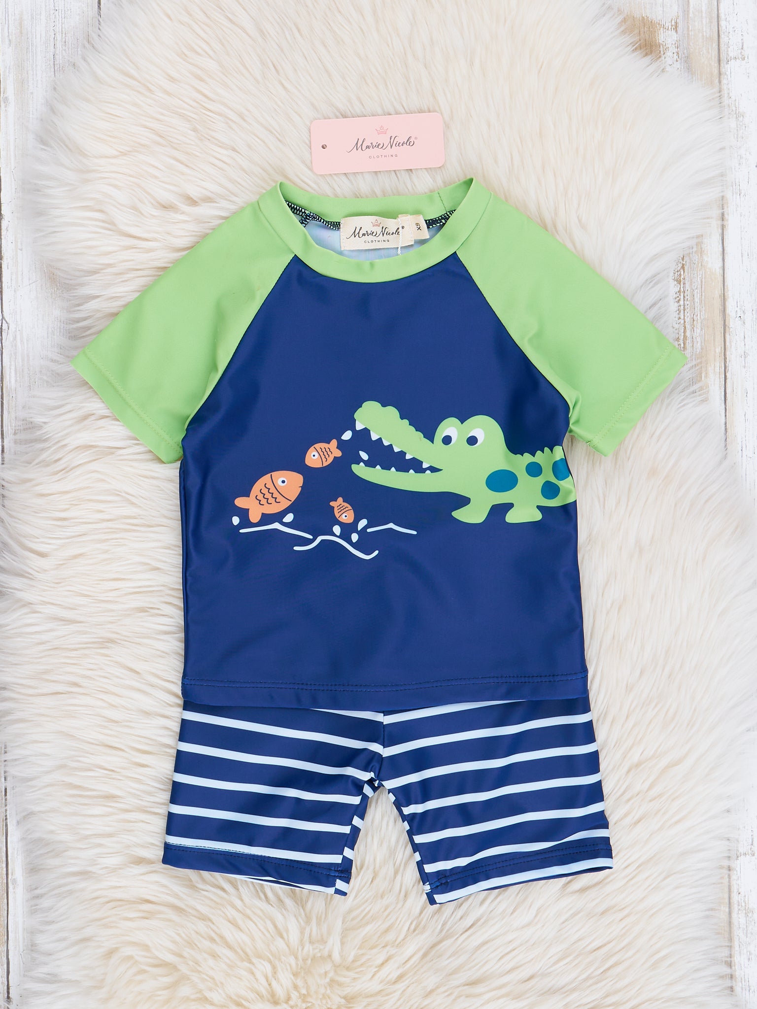 Navy & Lime Alligator Striped Swim Set - Marie Nicole Clothing