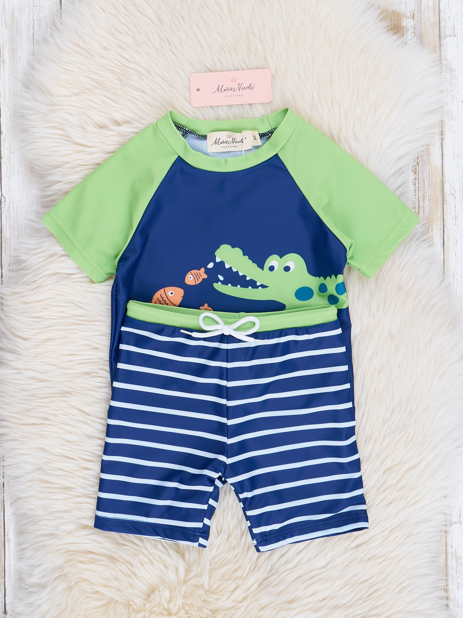 Navy & Lime Alligator Striped Swim Set - Marie Nicole Clothing
