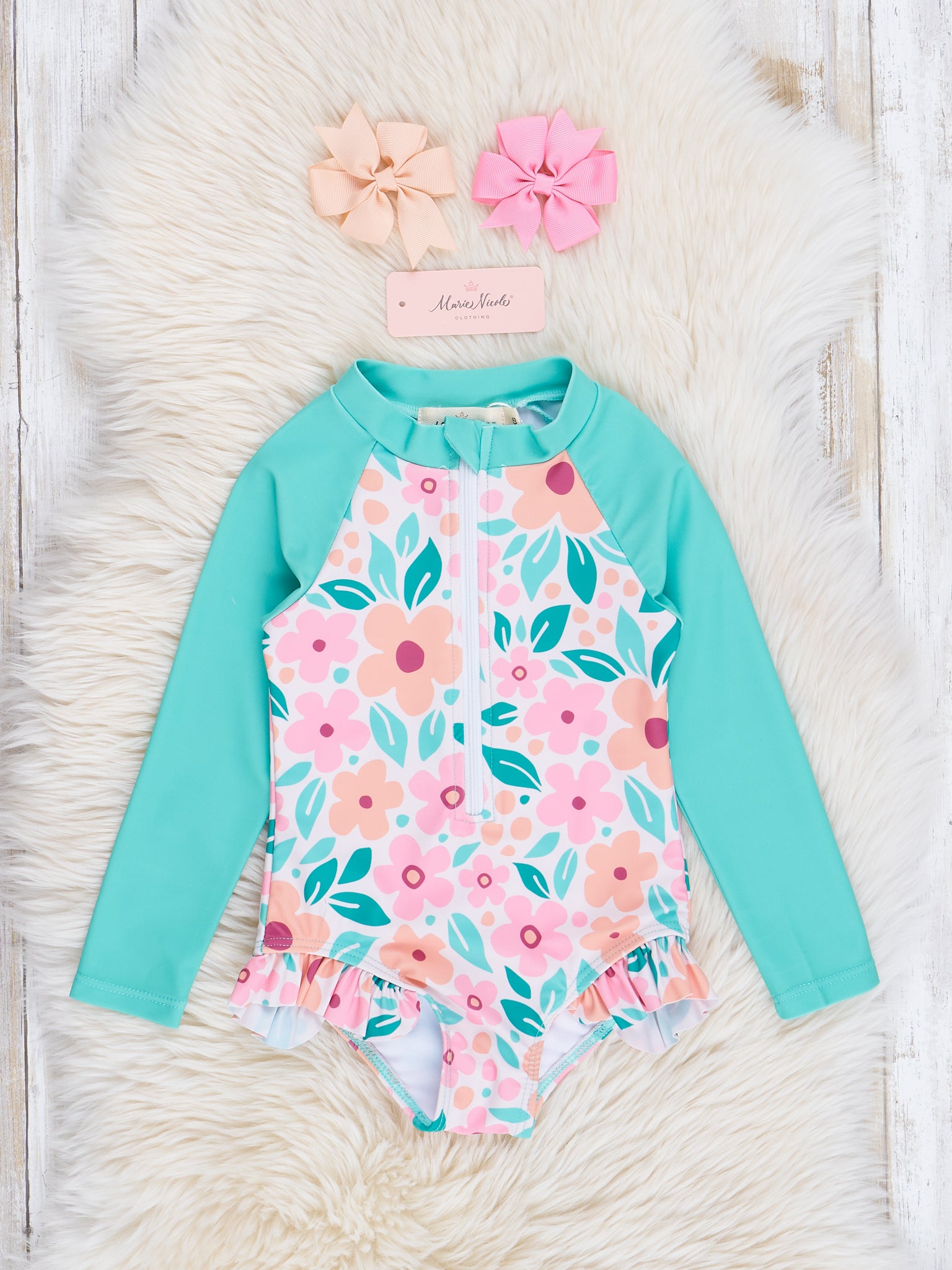 Turquoise & Pink Tropical Blooms Ruffle Rashguard - Marie Nicole Clothing