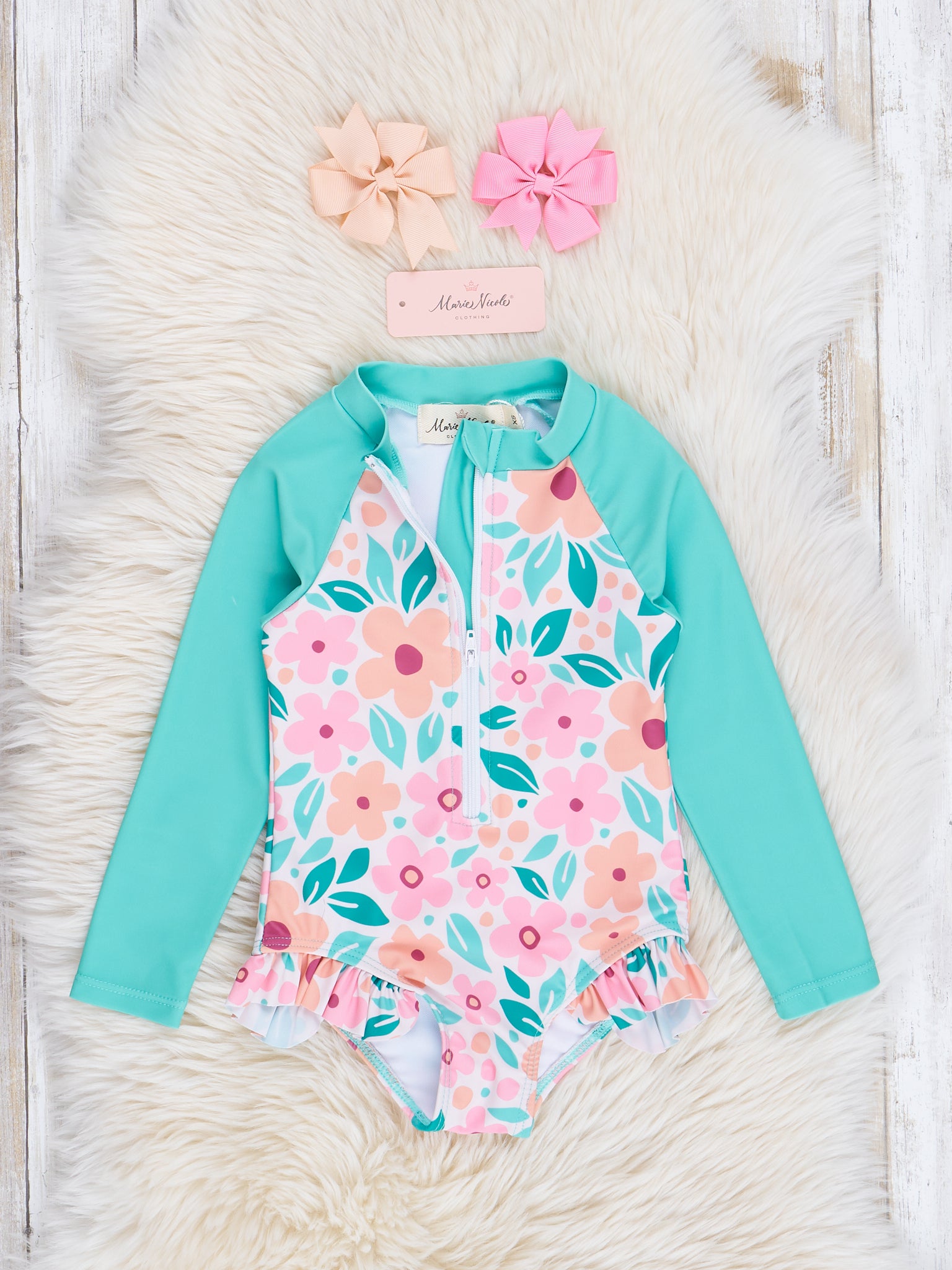 Turquoise & Pink Tropical Blooms Ruffle Rashguard - Marie Nicole Clothing