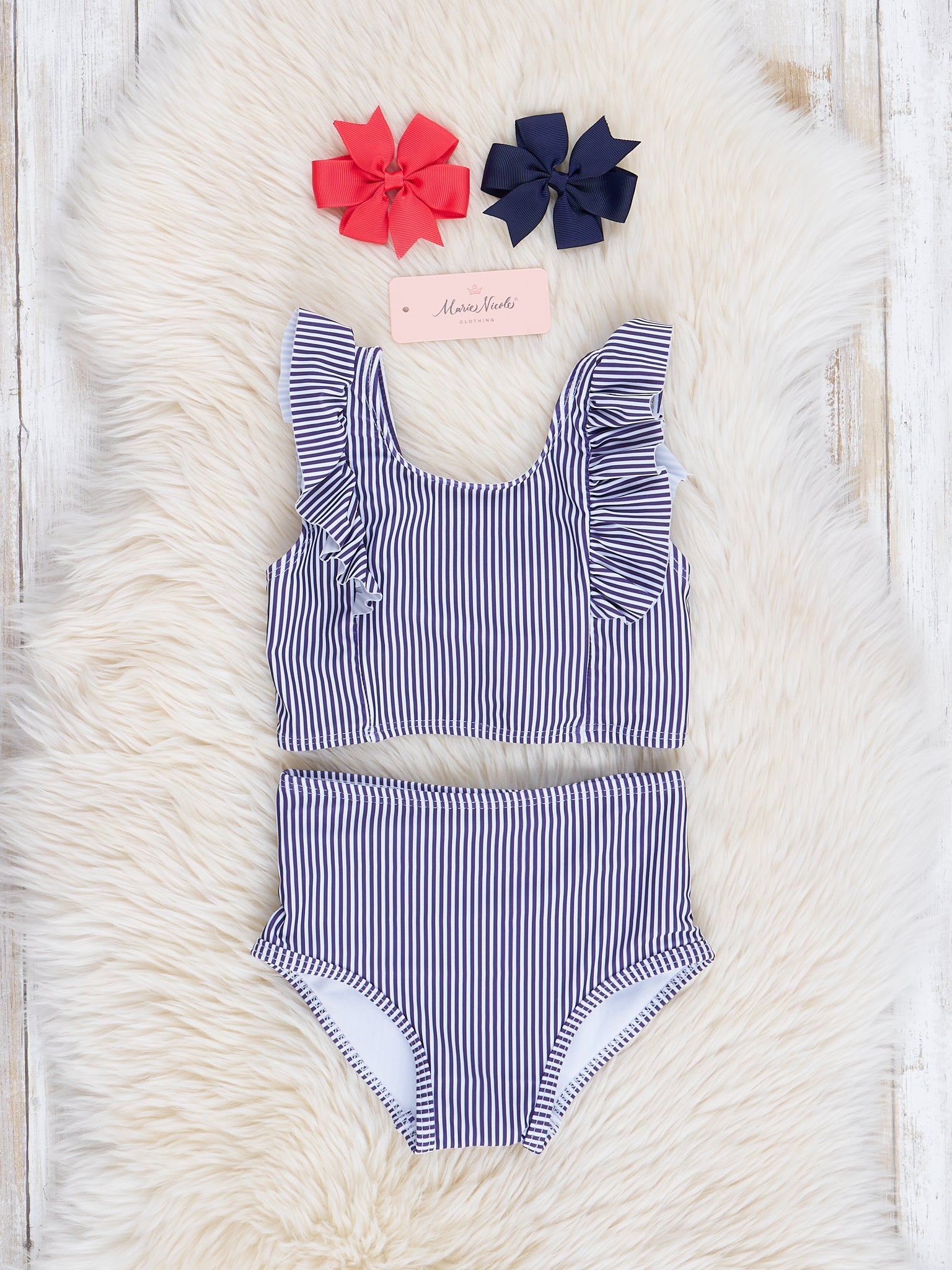 Purple Stripes Red Bow Swimsuit - Marie Nicole Clothing