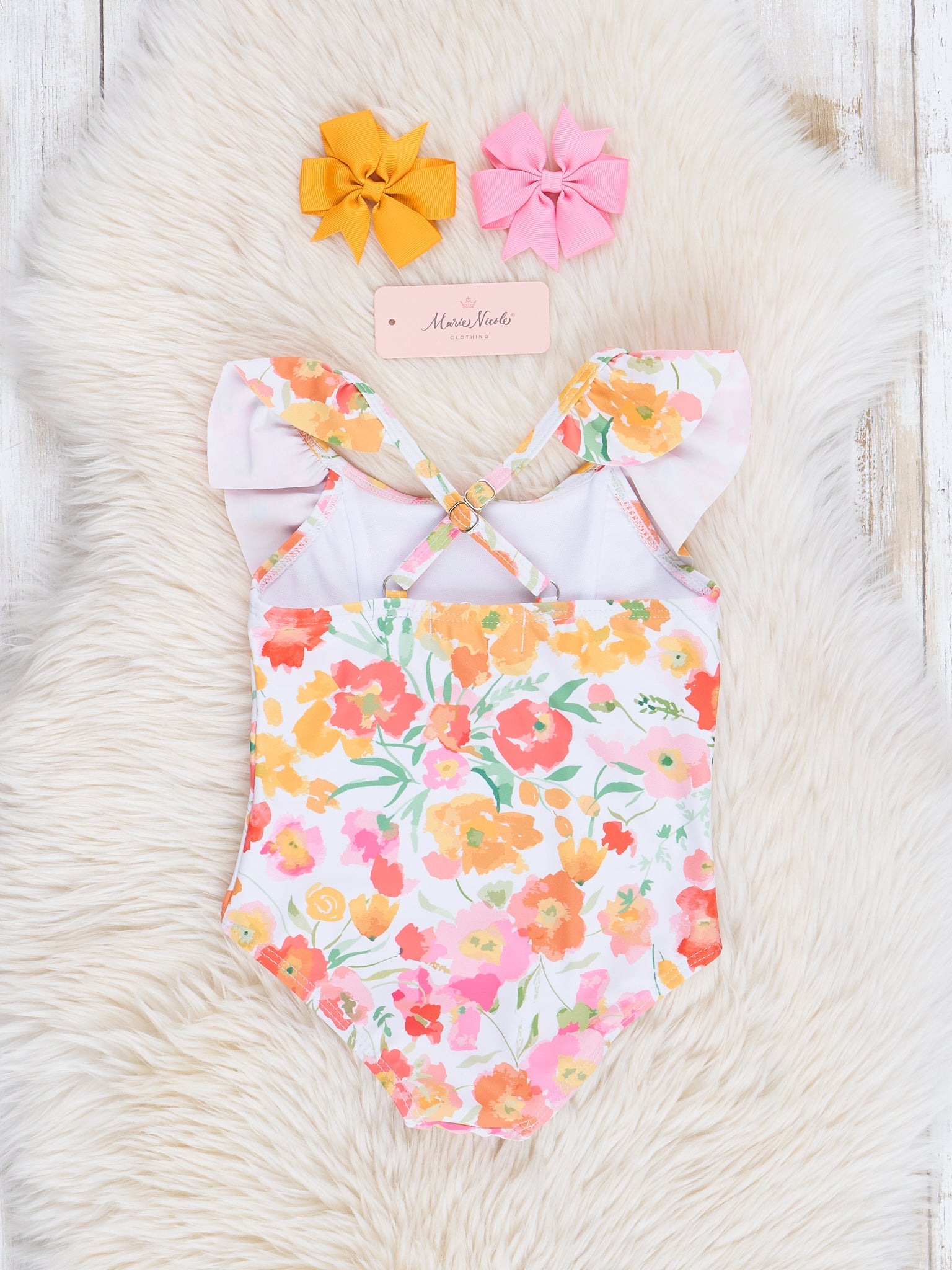 Mom & Me Yellow & Orange Watercolor Blooms Ruffle Swimsuit - Marie Nicole Clothing
