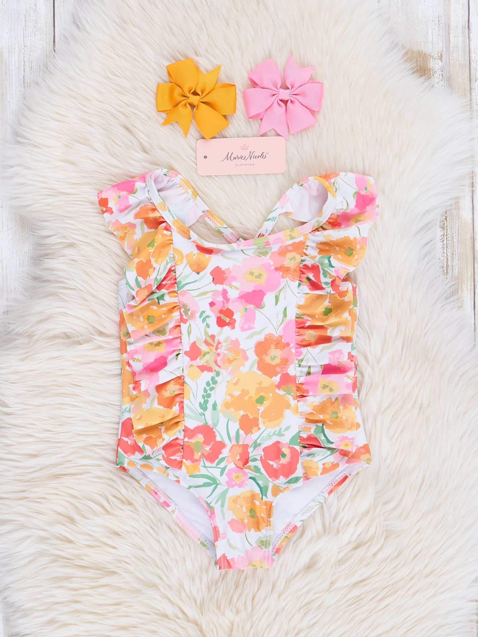 Mom & Me Yellow & Orange Watercolor Blooms Ruffle Swimsuit - Marie Nicole Clothing