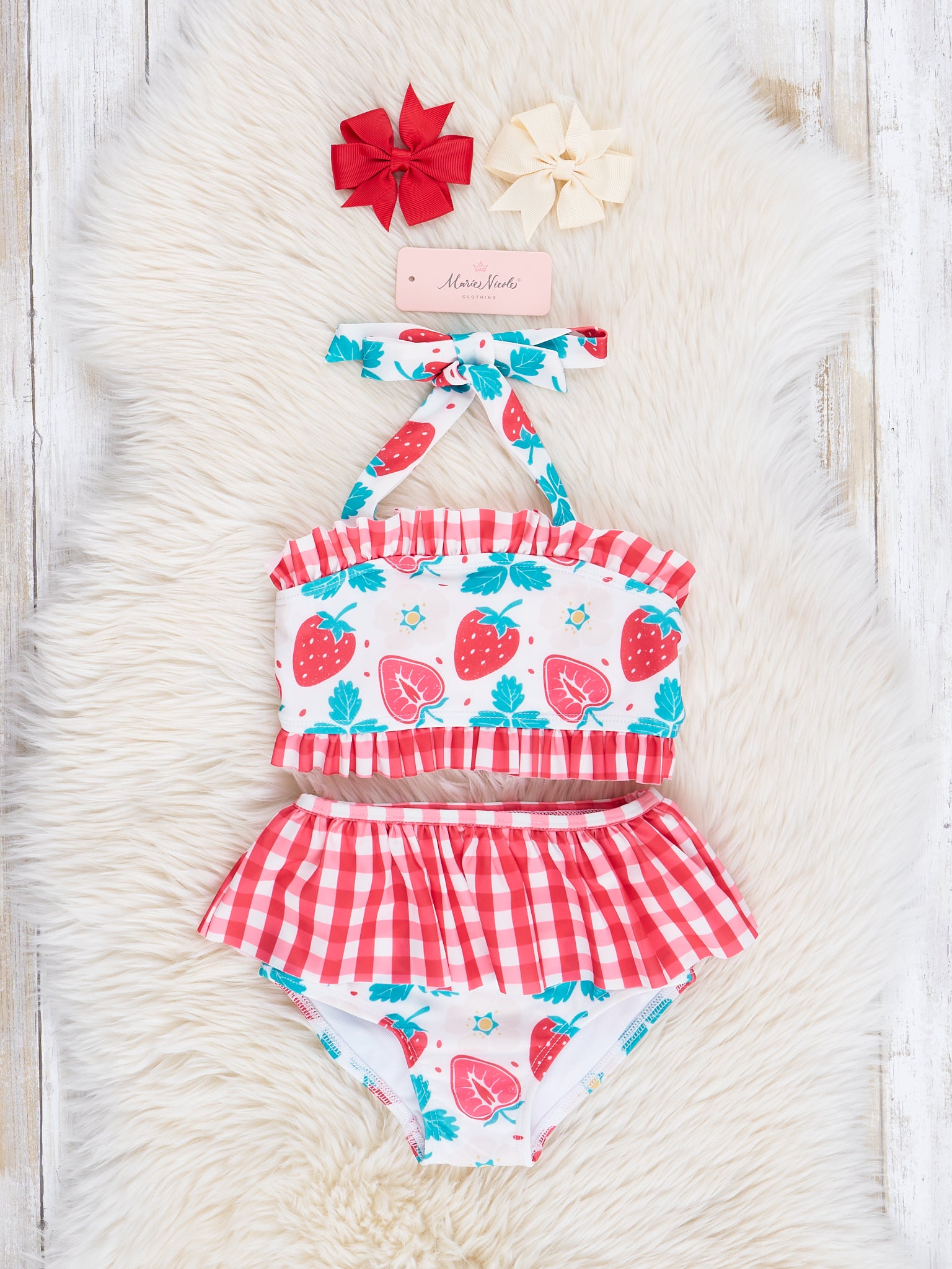 Strawberry Gingham Two - Piece Ruffle Swimsuit - Marie Nicole Clothing