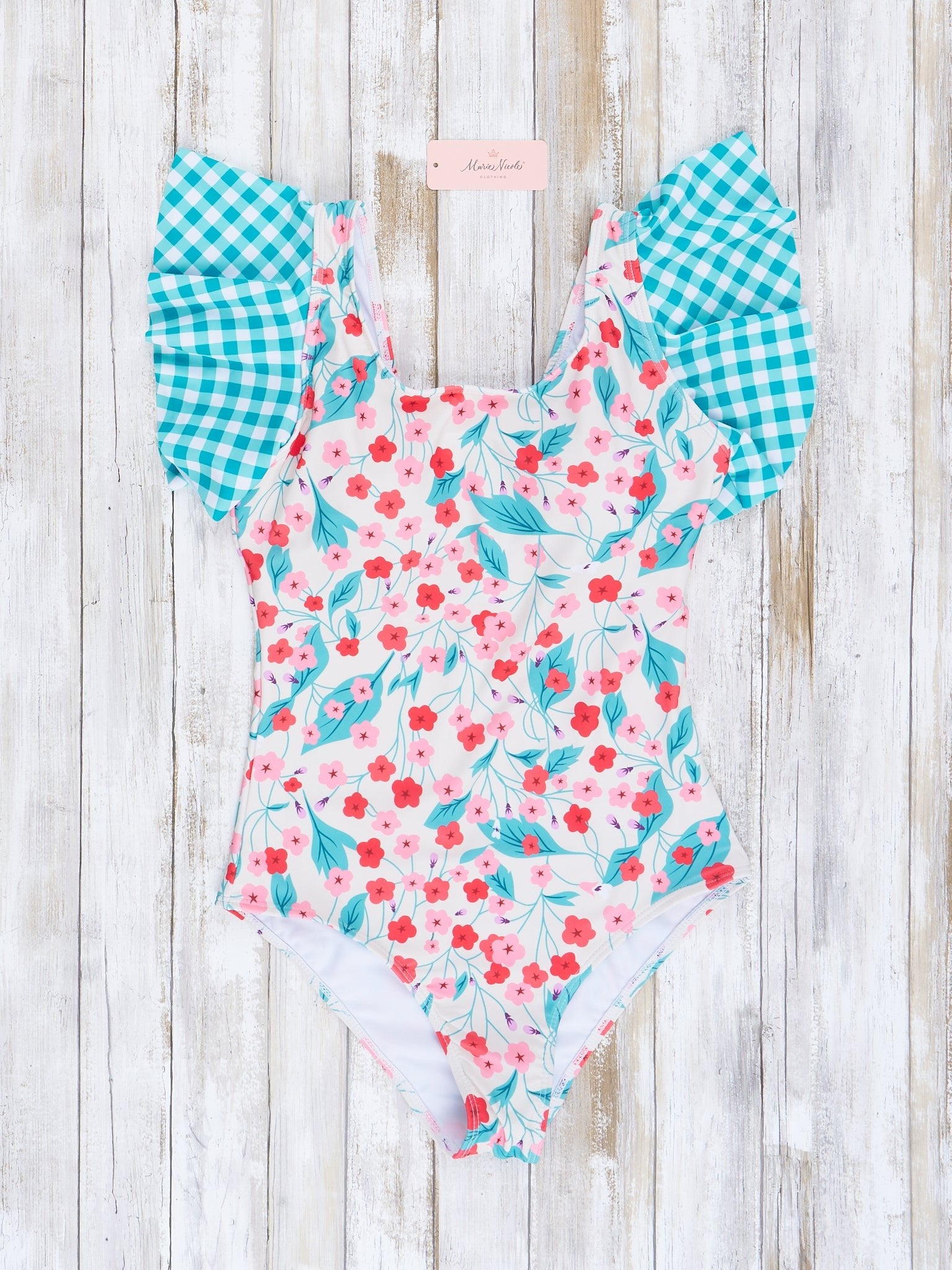 Mom & Me Teal Gingham & Blooms Ruffle Swimsuit - Marie Nicole Clothing