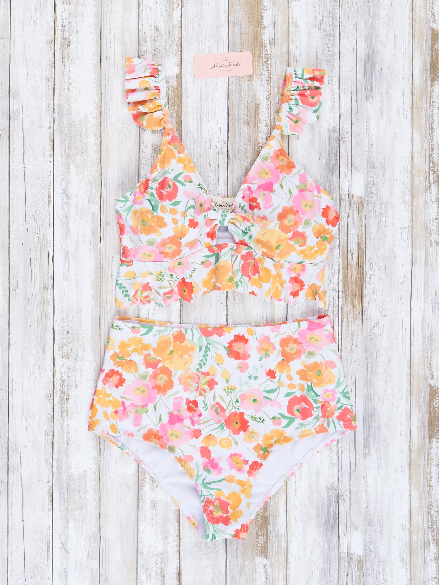 Mom & Me Yellow & Orange Watercolor Blooms Ruffle Swimsuit - Marie Nicole Clothing