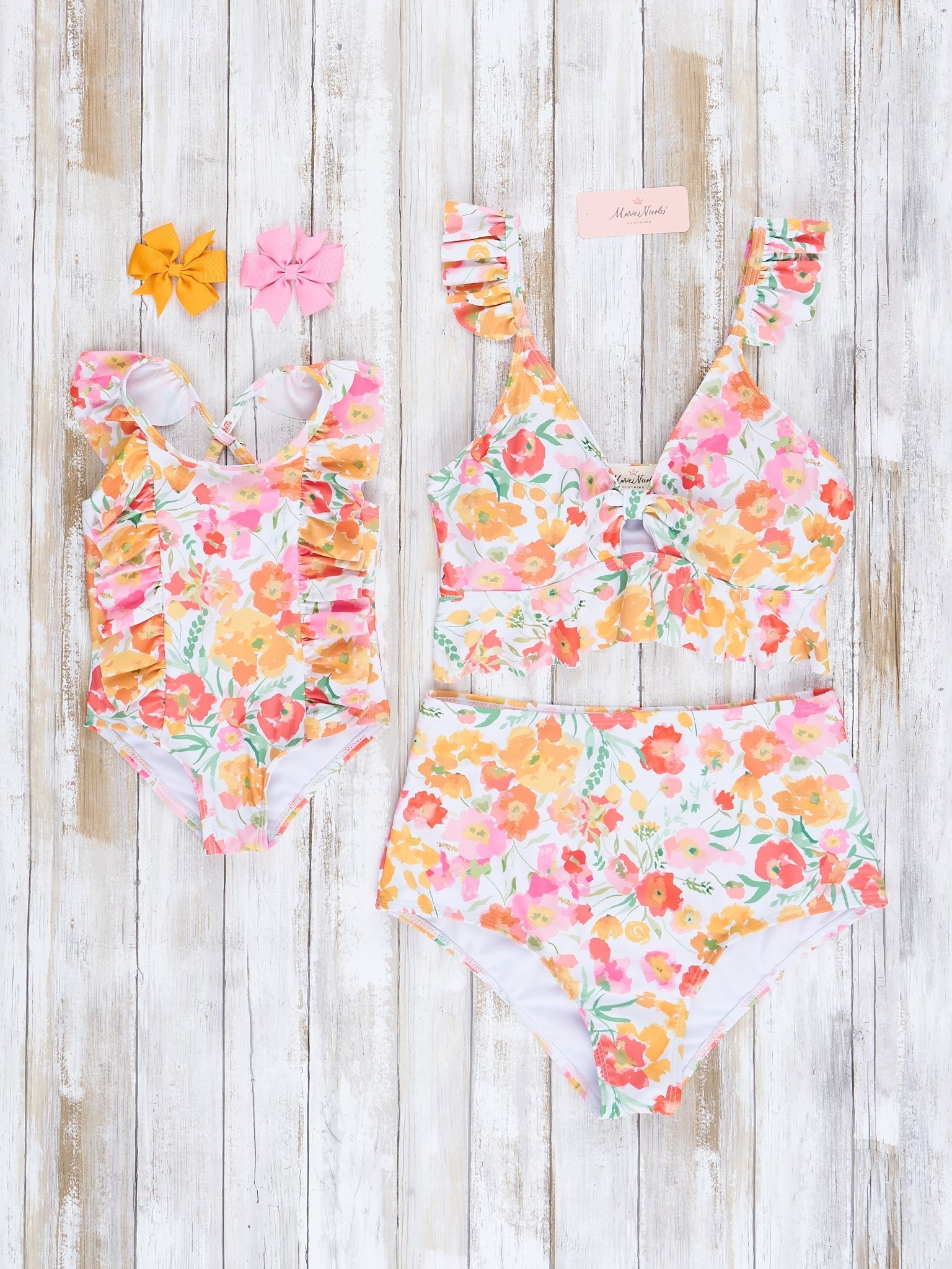 Mom & Me Yellow & Orange Watercolor Blooms Ruffle Swimsuit - Marie Nicole Clothing