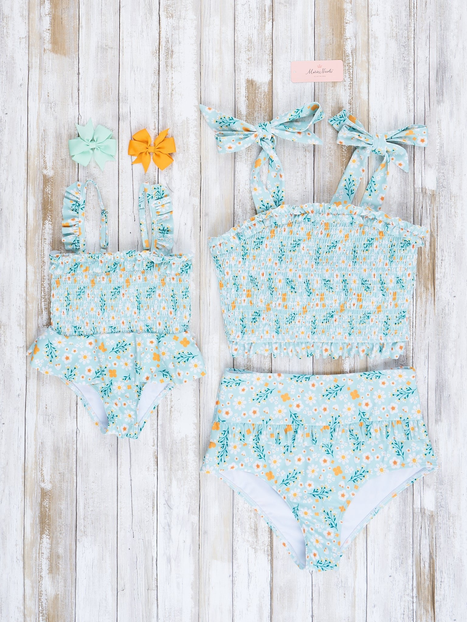Mom & Me Mint & Yellow Blooms Smocked Swimsuit - Marie Nicole Clothing