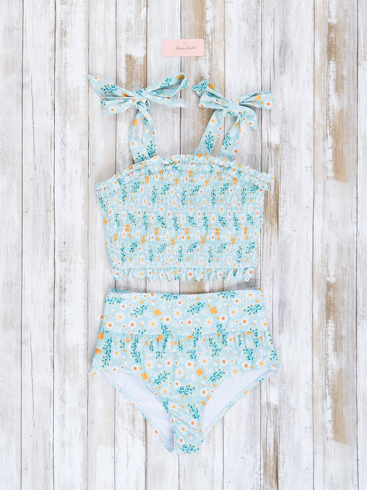 Mom & Me Mint & Yellow Blooms Smocked Swimsuit - Marie Nicole Clothing