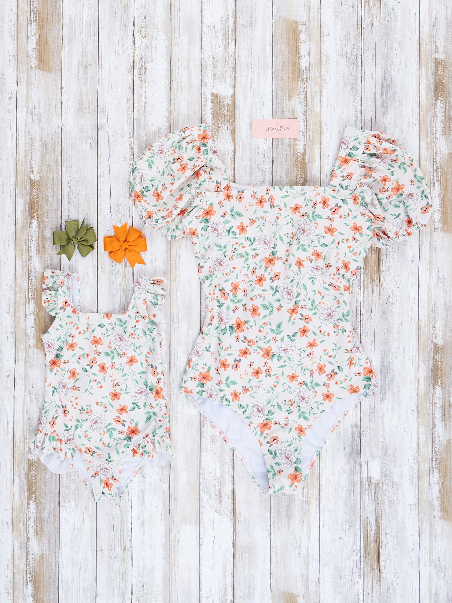 Mom & Me Orange & Green Blooms Swimsuit - Marie Nicole Clothing