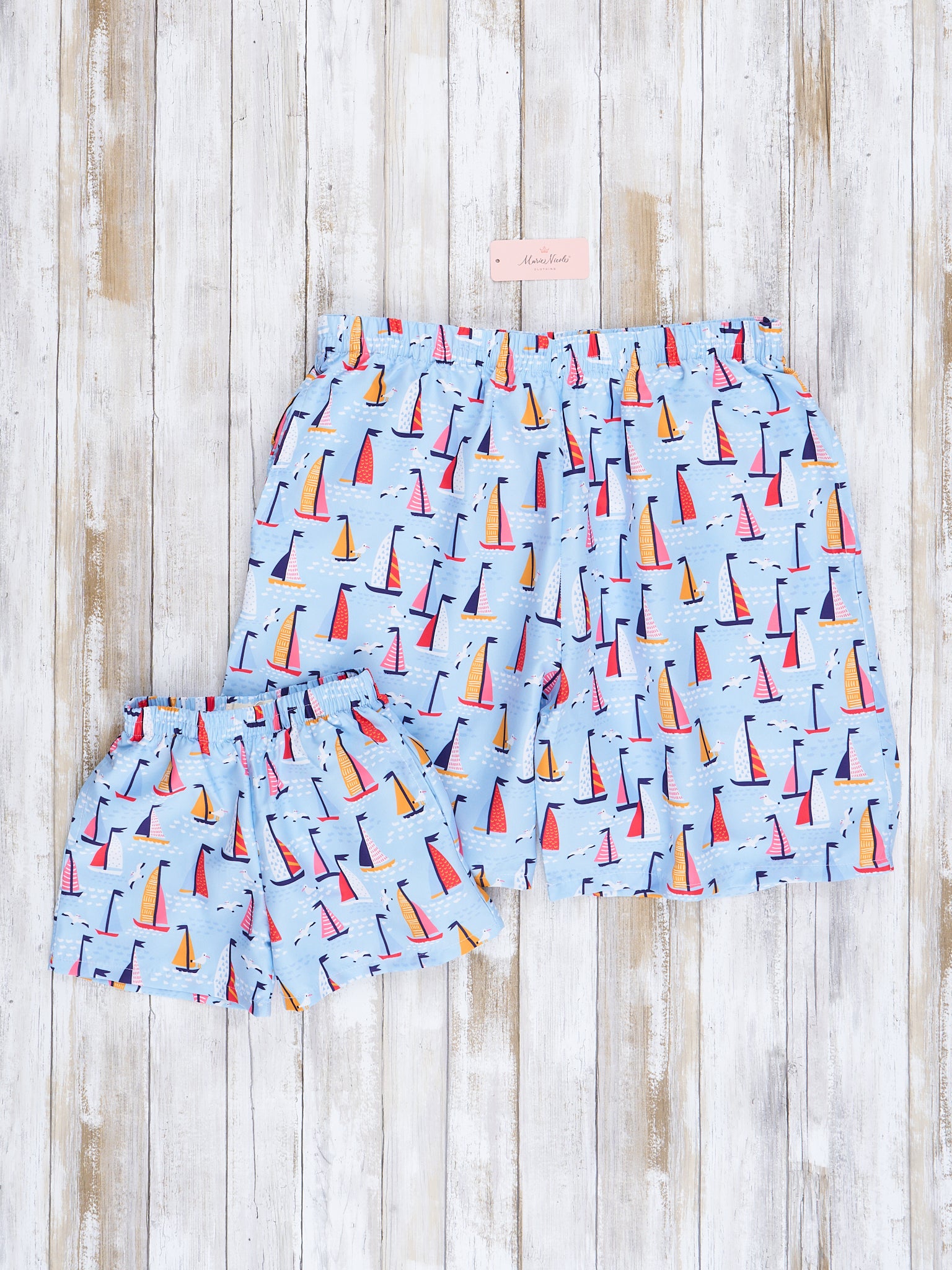 Dad & Me Light Blue Sailboats Swim Trunks - Marie Nicole Clothing