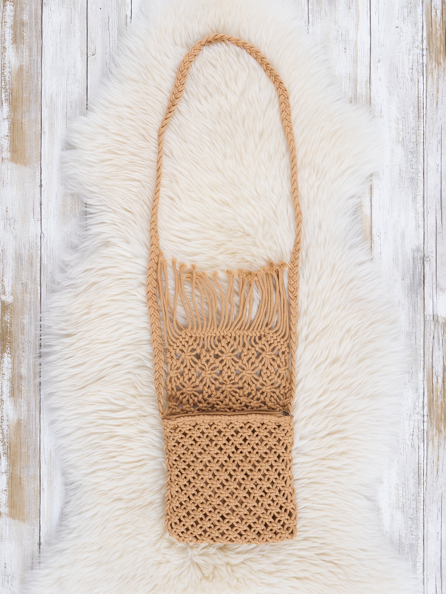 Tan Fringe Woven Crossbody Purse - Marie Nicole Clothing