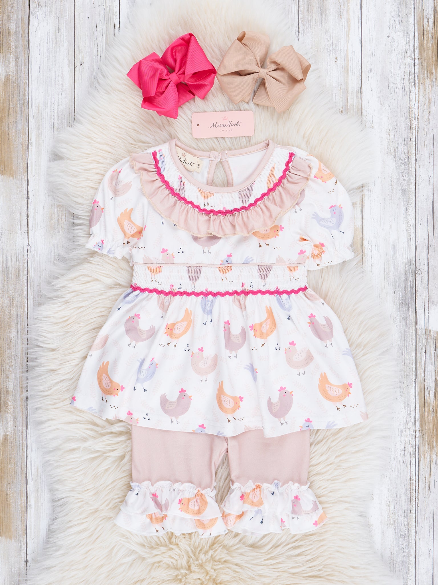 Soft Tan Smocked Chickens Ruffle Outfit - Marie Nicole Clothing