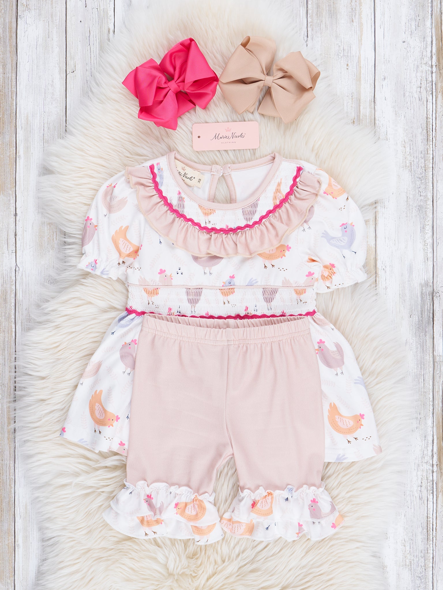 Soft Tan Smocked Chickens Ruffle Outfit - Marie Nicole Clothing