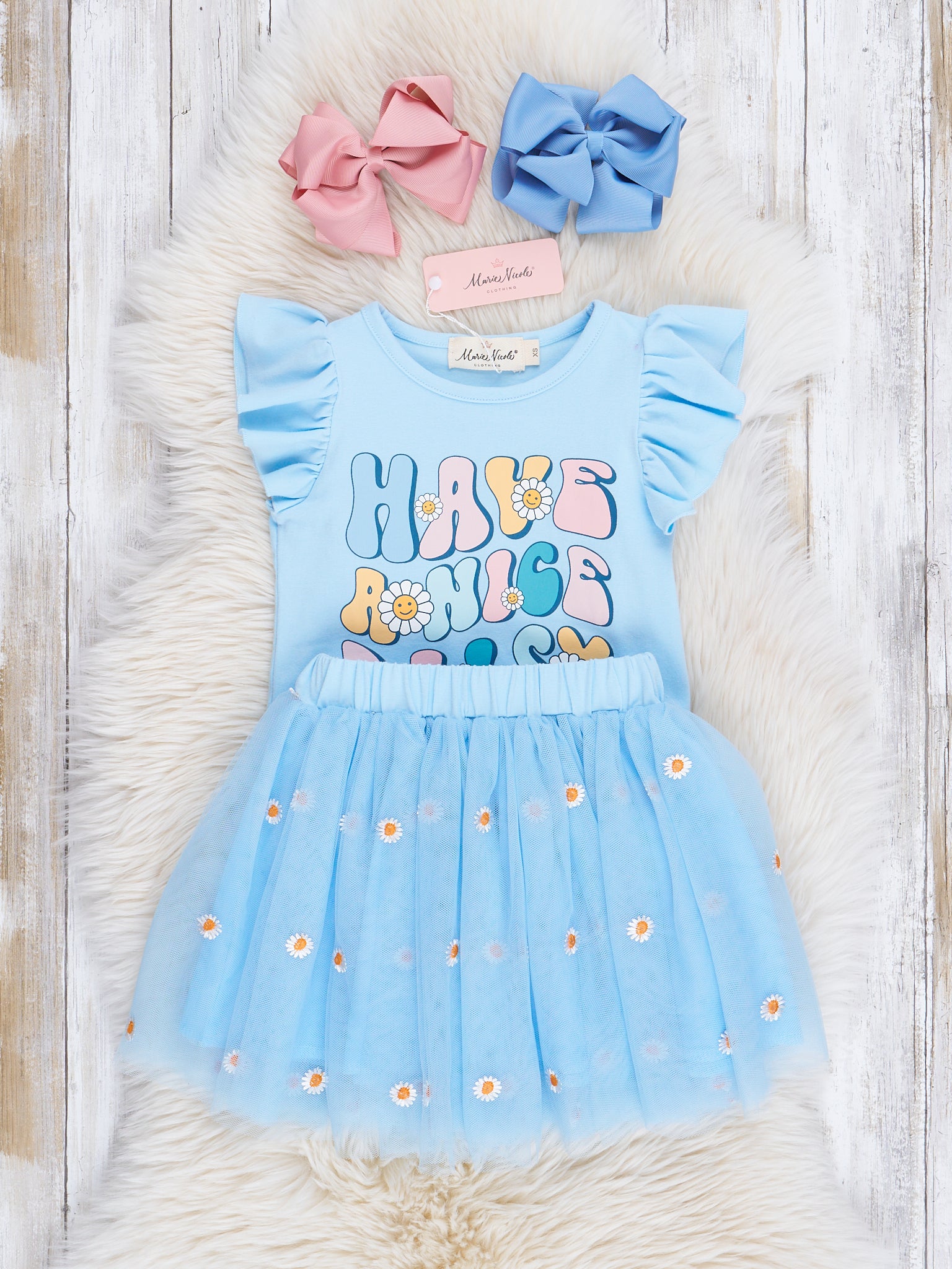 Light Blue Nice Daisy Outfit w/ Tulle Skirt - Marie Nicole Clothing