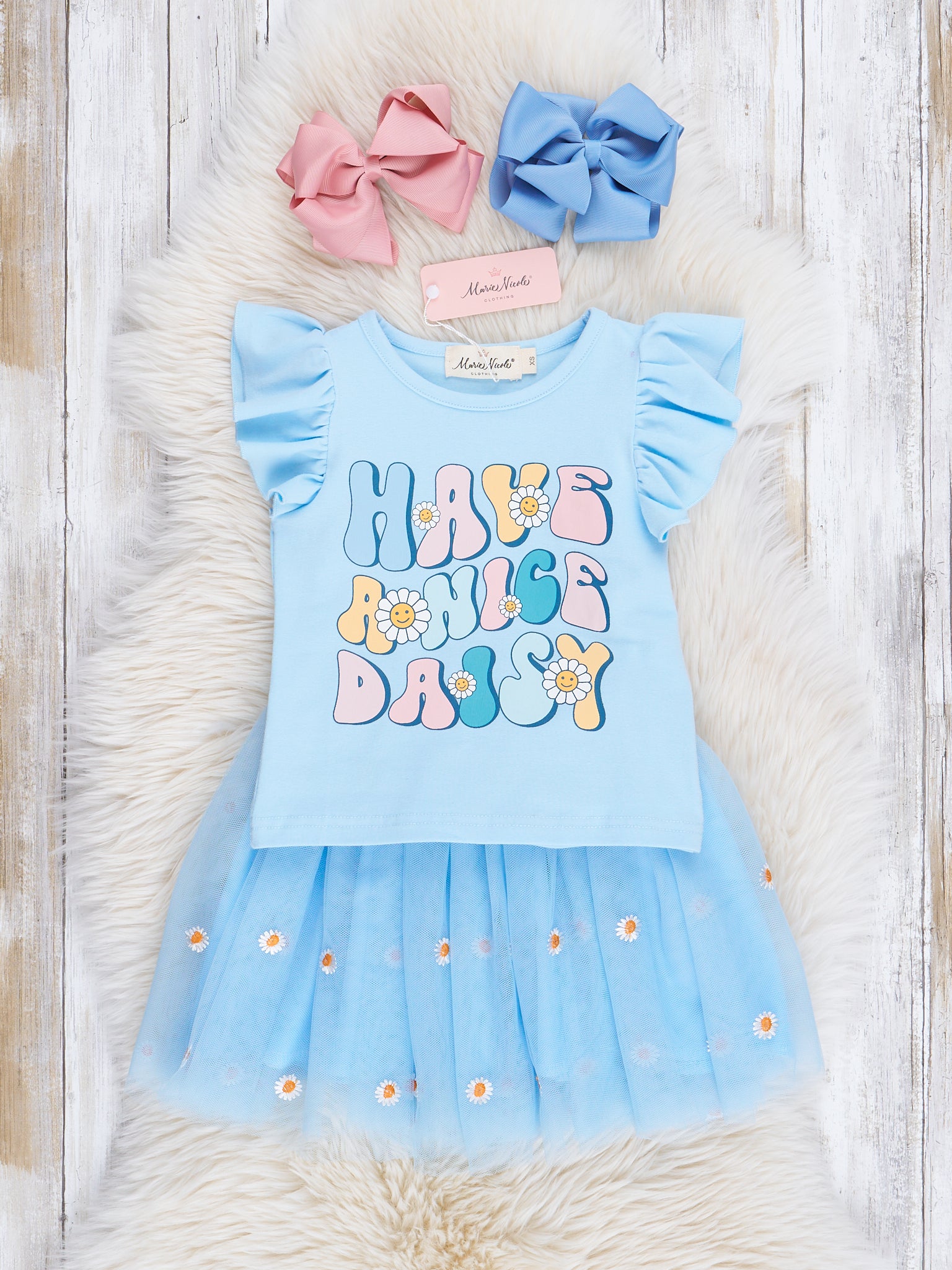 Light Blue Nice Daisy Outfit w/ Tulle Skirt - Marie Nicole Clothing