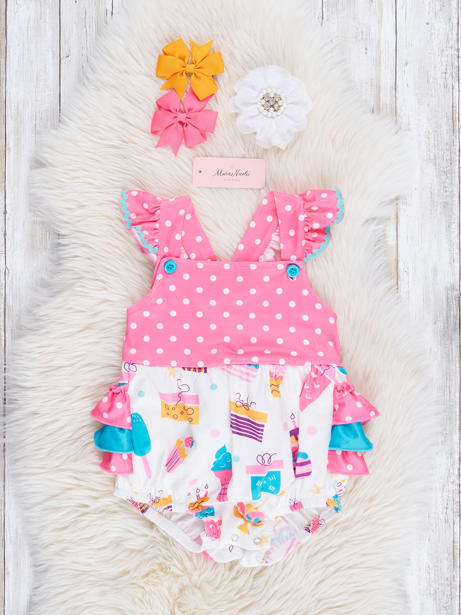 Pink Party Treats Ruffle Bubble Romper - Marie Nicole Clothing