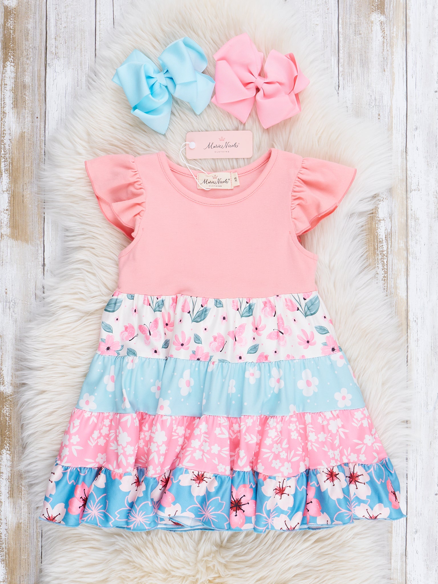 Pink & Blue Tropical Blooms Ruffle Dress - Marie Nicole Clothing