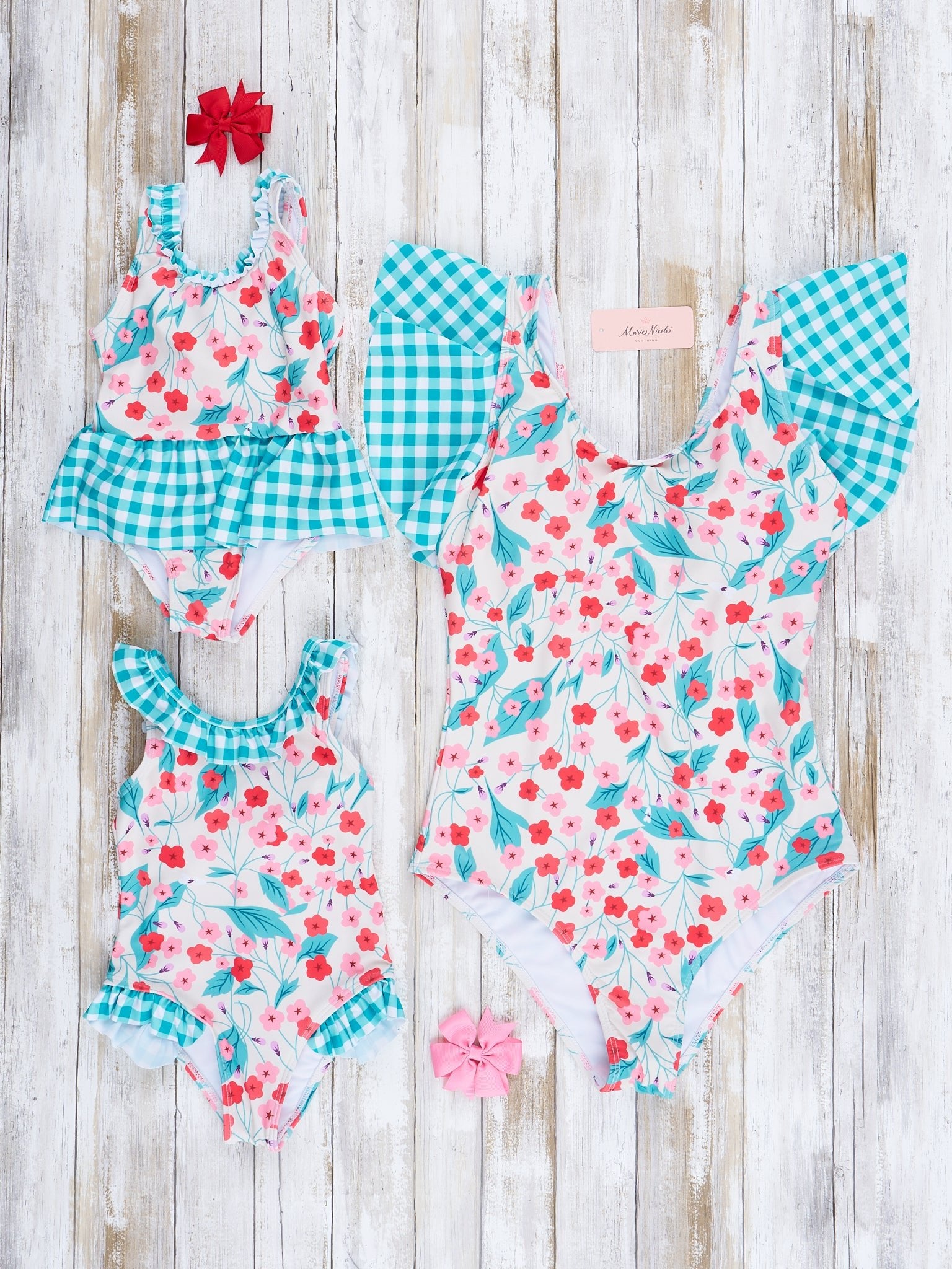 Mom & Me Teal Gingham & Blooms Ruffle Swimsuit - Marie Nicole Clothing