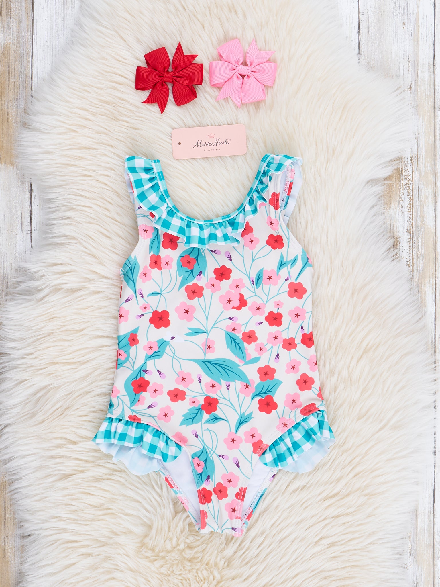 Mom & Me Teal Gingham & Blooms Ruffle Swimsuit - Marie Nicole Clothing