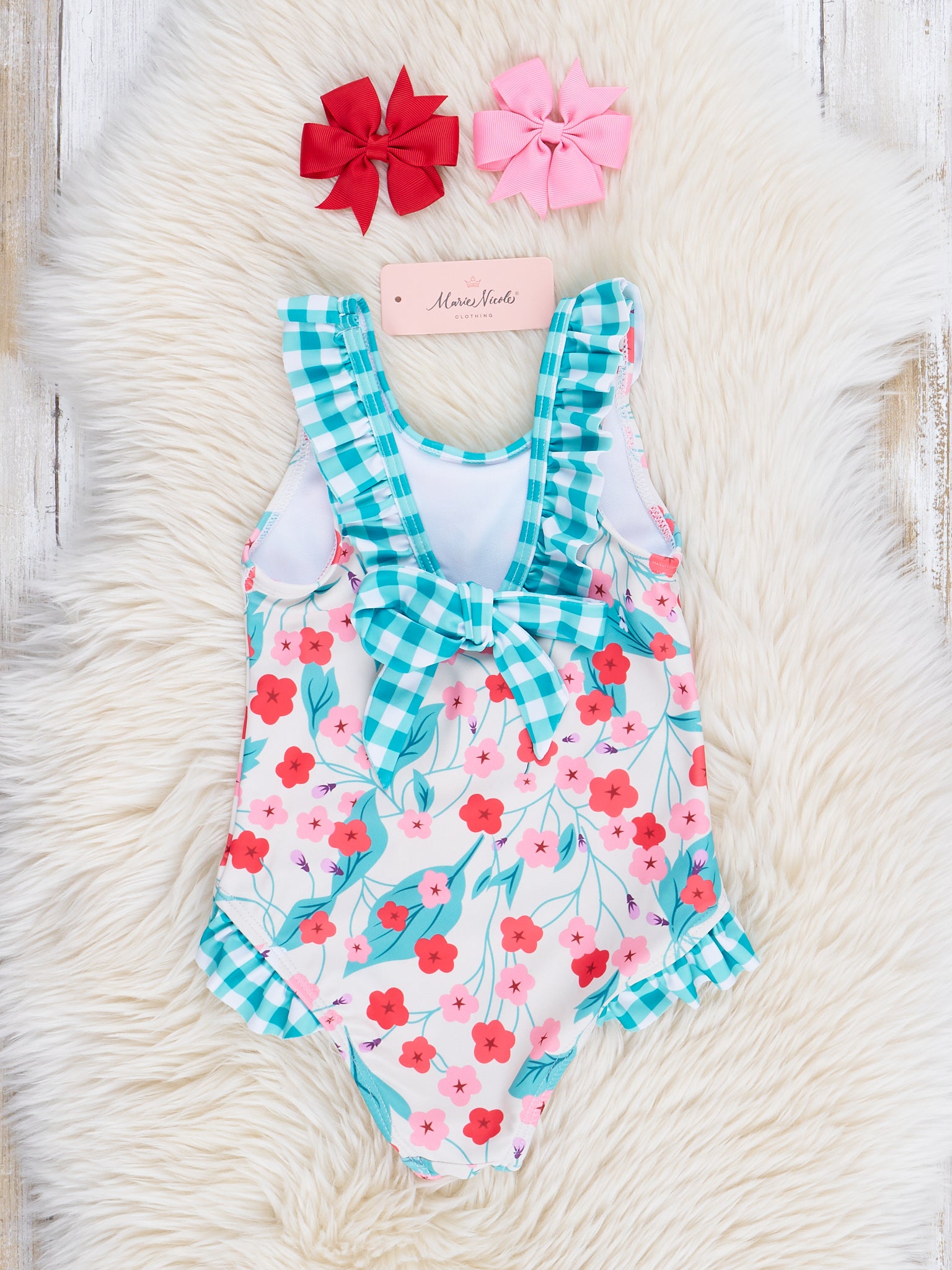 Mom & Me Teal Gingham & Blooms Ruffle Swimsuit - Marie Nicole Clothing