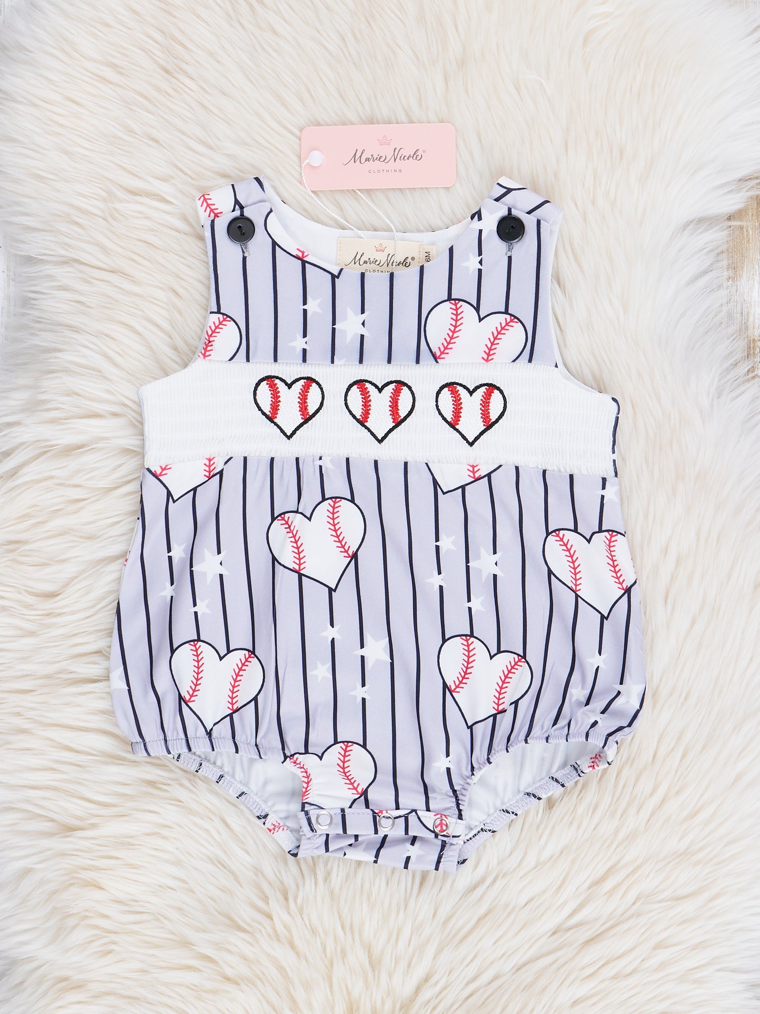 Red & Grey Stripes Smocked Baseball Bubble Romper - Marie Nicole Clothing