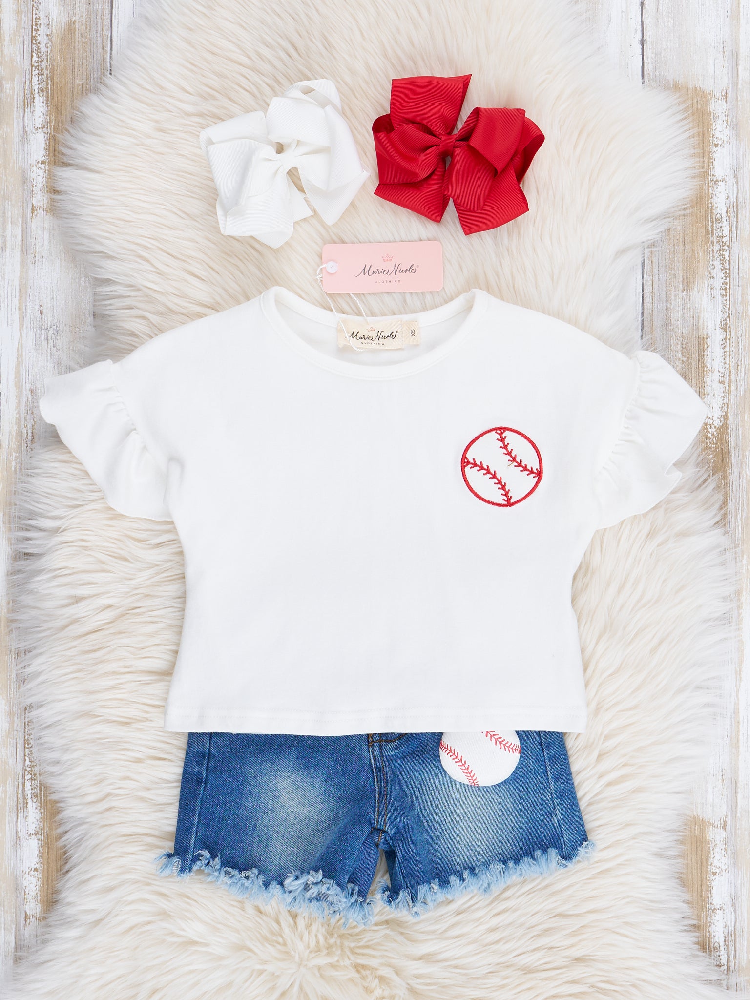 Embroidered Baseball Denim Shorts Outfit - Marie Nicole Clothing