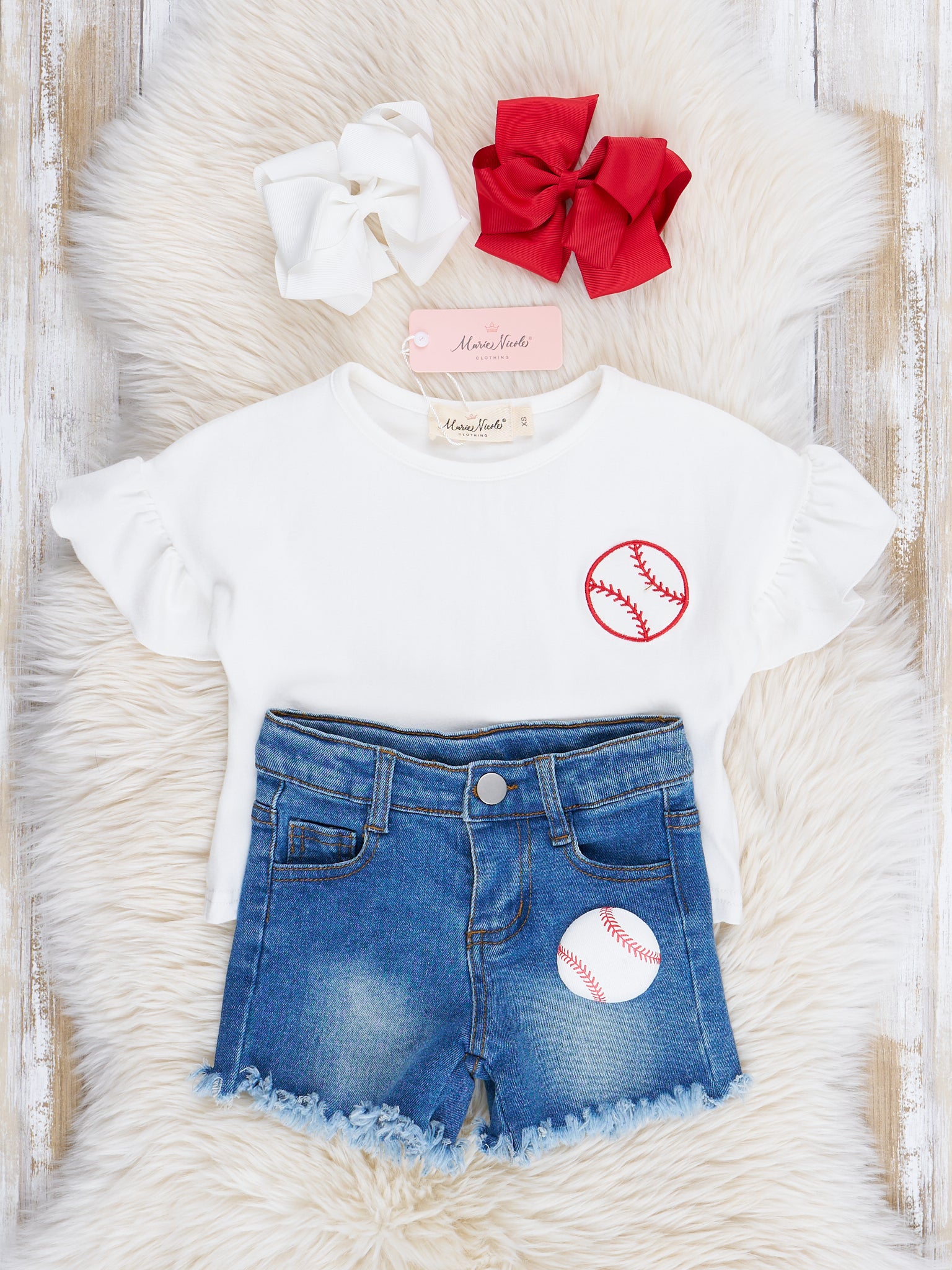 Embroidered Baseball Denim Shorts Outfit - Marie Nicole Clothing
