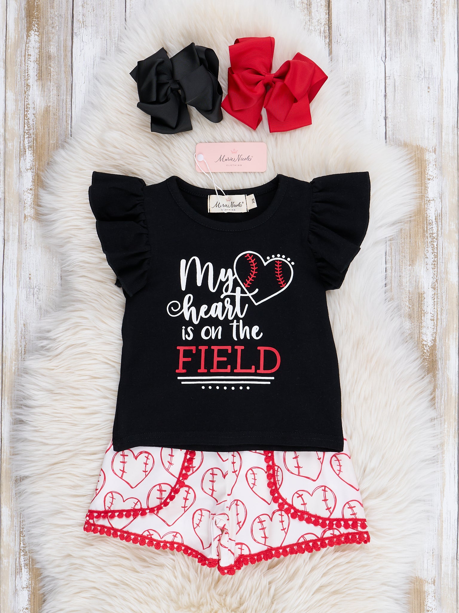 Red & Black Baseball Heart Ruffle Outfit - Marie Nicole Clothing