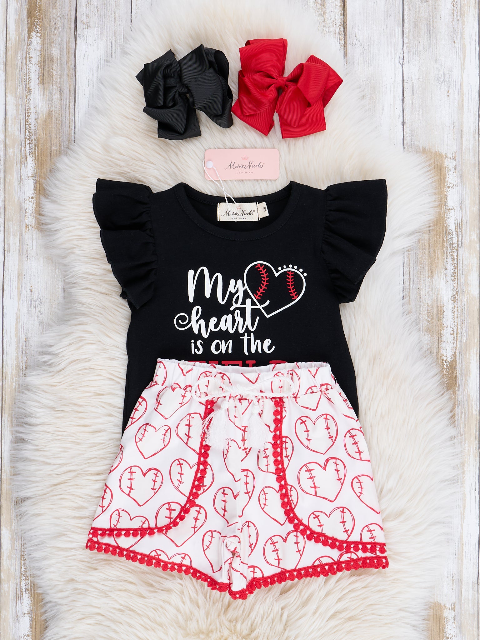 Red & Black Baseball Heart Ruffle Outfit - Marie Nicole Clothing