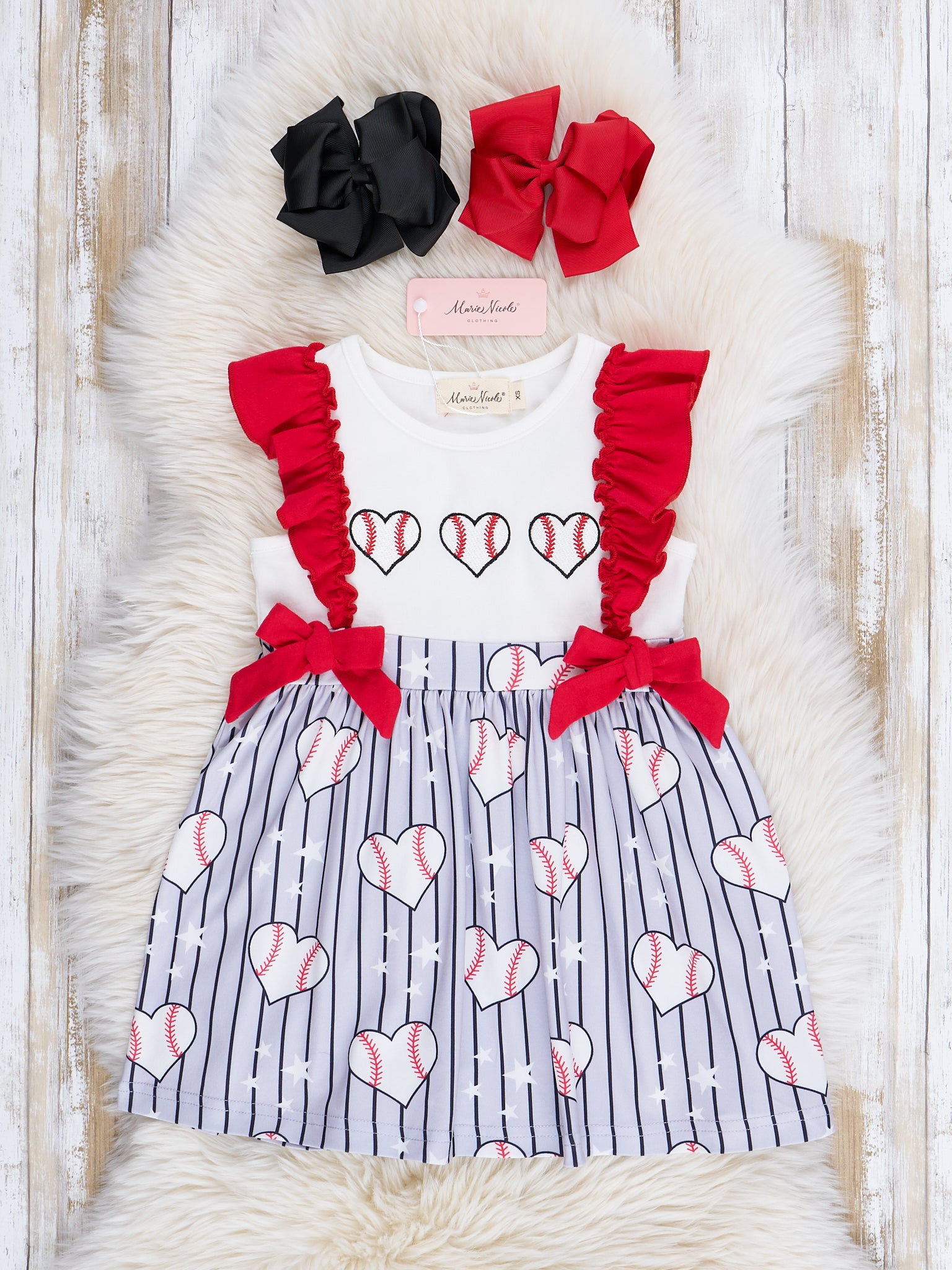 Red & Grey Stripes Smocked Baseball Ruffle Dress - Marie Nicole Clothing