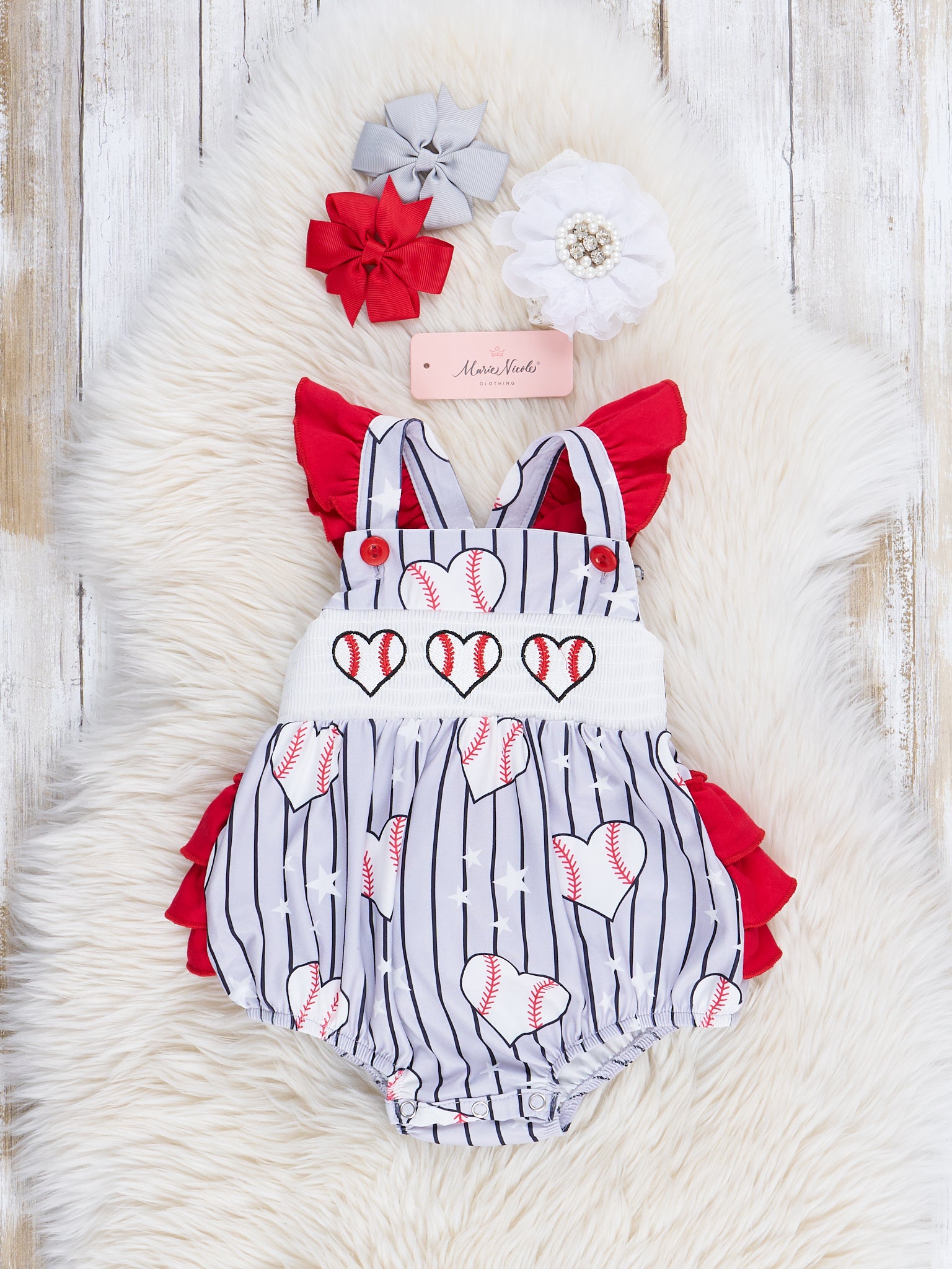 Red & Grey Stripes Smocked Baseball Ruffle Bubble Romper - Marie Nicole Clothing