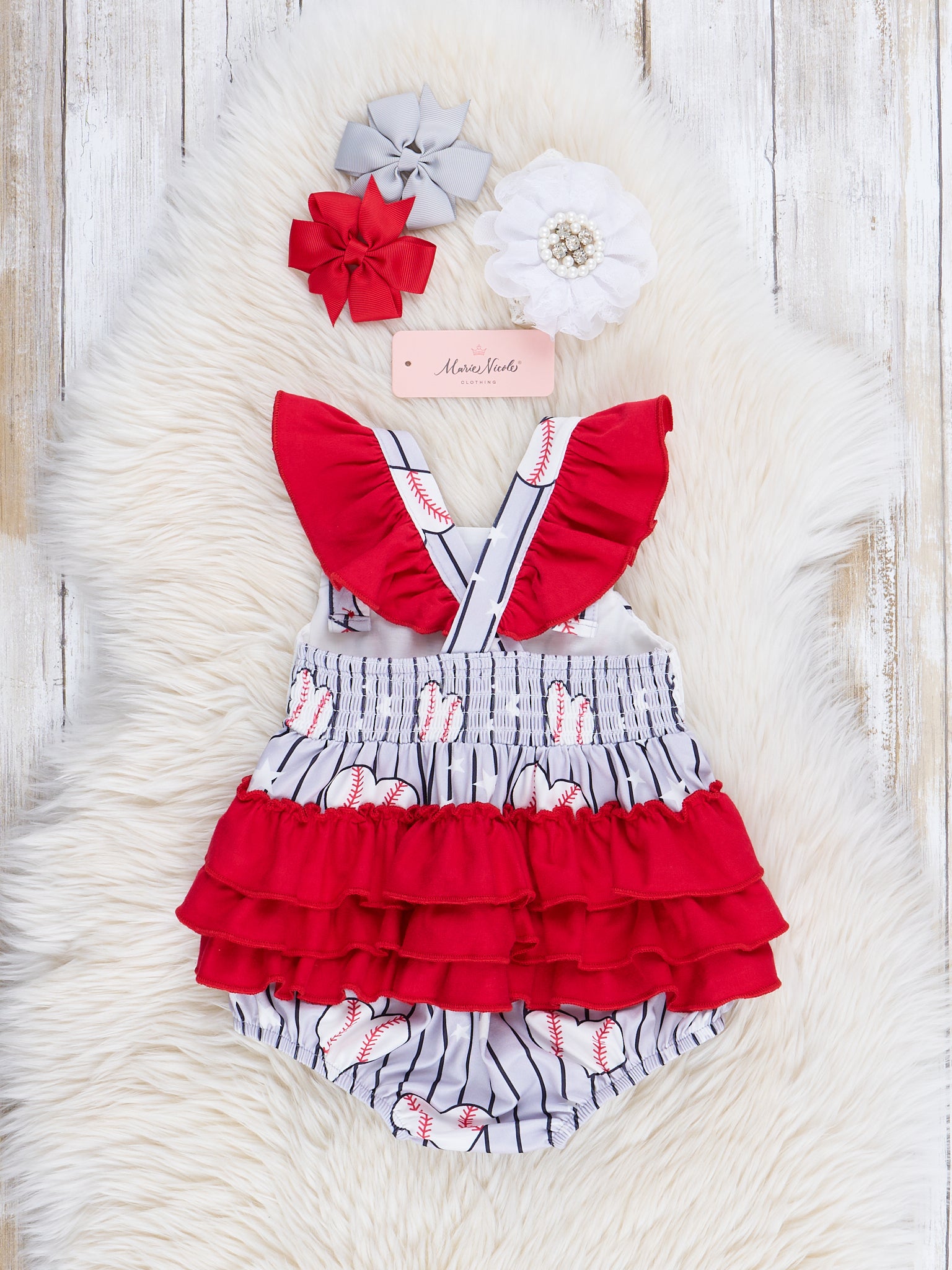 Red & Grey Stripes Smocked Baseball Ruffle Bubble Romper - Marie Nicole Clothing