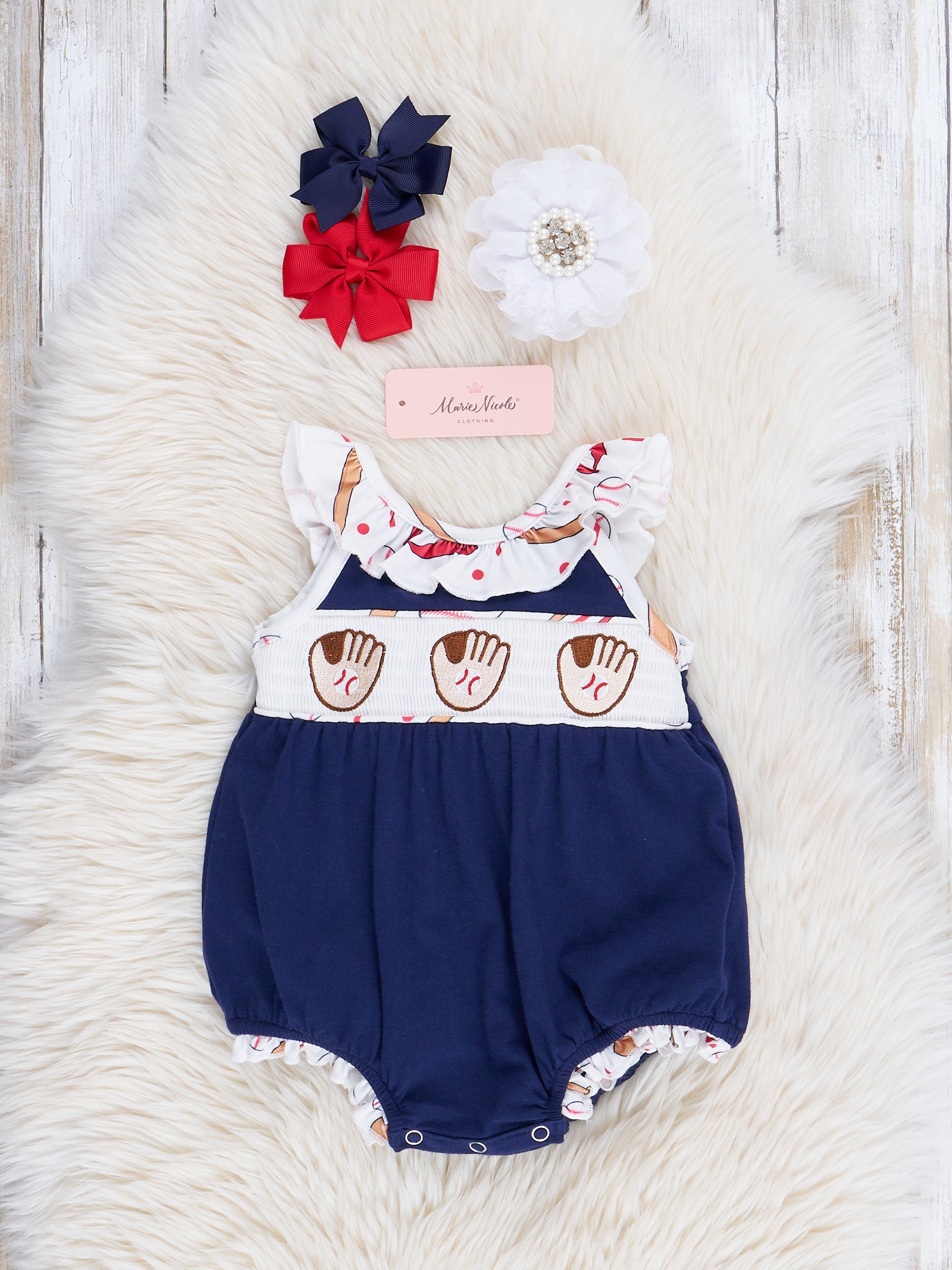 Navy & White Smocked Baseball Ruffle Bubble Romper - Marie Nicole Clothing