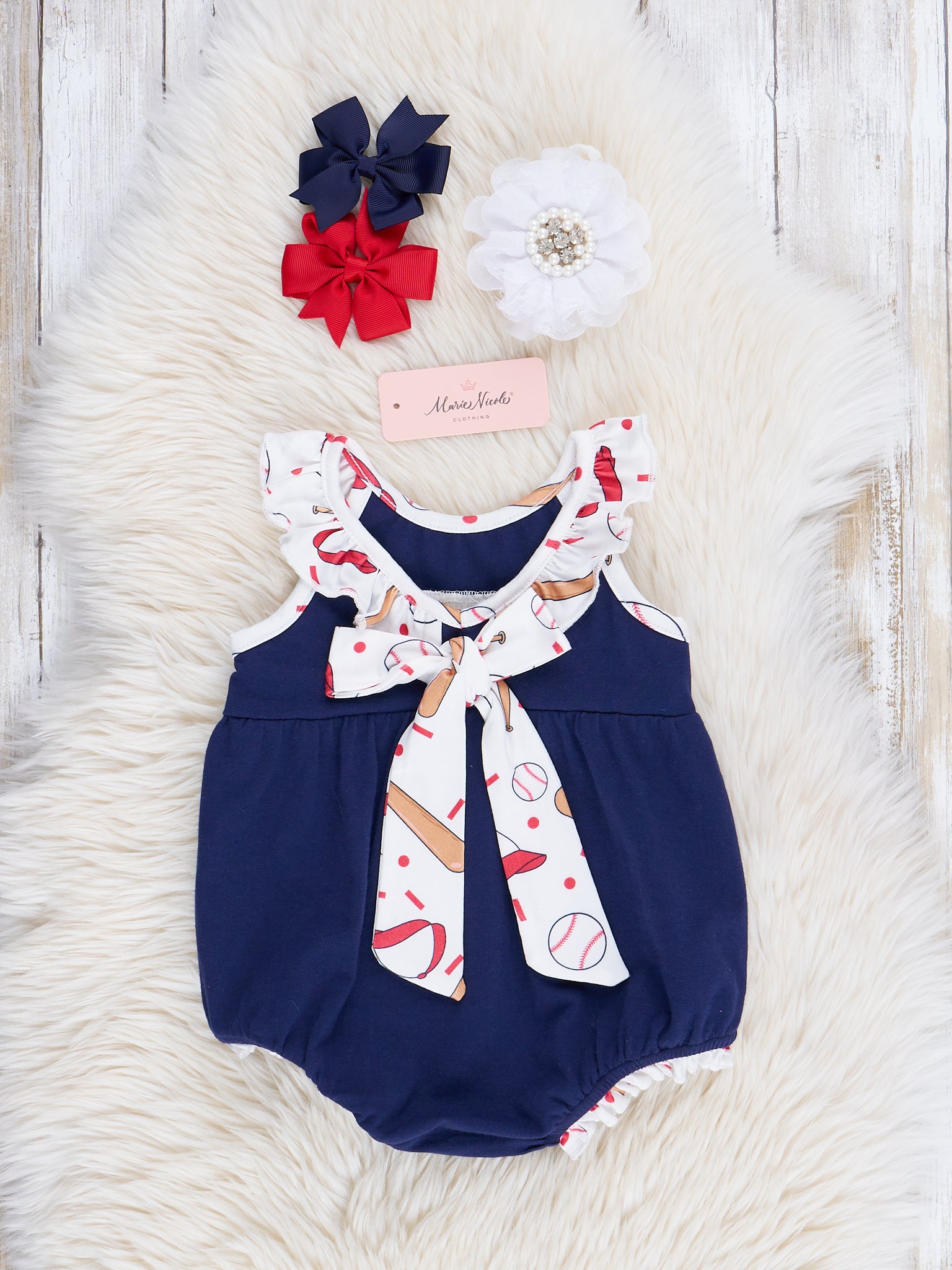 Navy & White Smocked Baseball Ruffle Bubble Romper - Marie Nicole Clothing