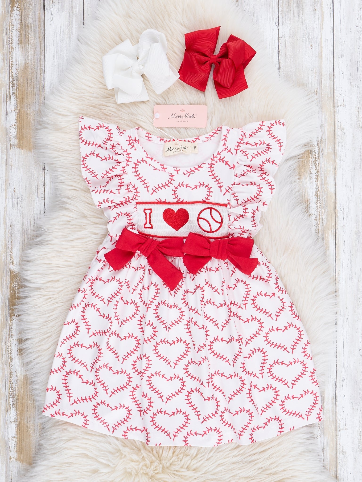 Red & White Smocked Baseball Love Baseball Ruffle Dress - Marie Nicole Clothing