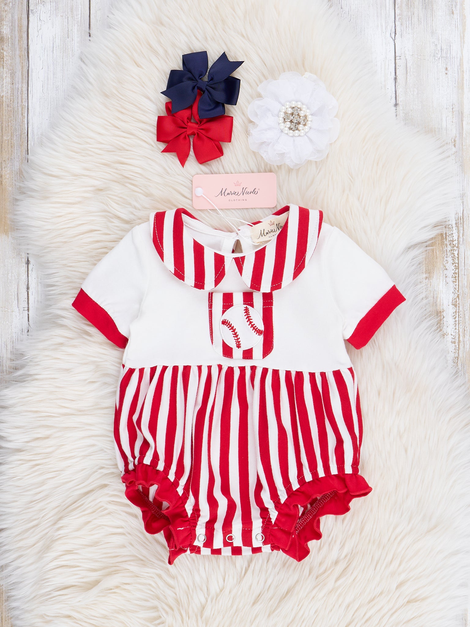Red Stripes Embroidered Baseball Ruffle Bubble Romper - Marie Nicole Clothing