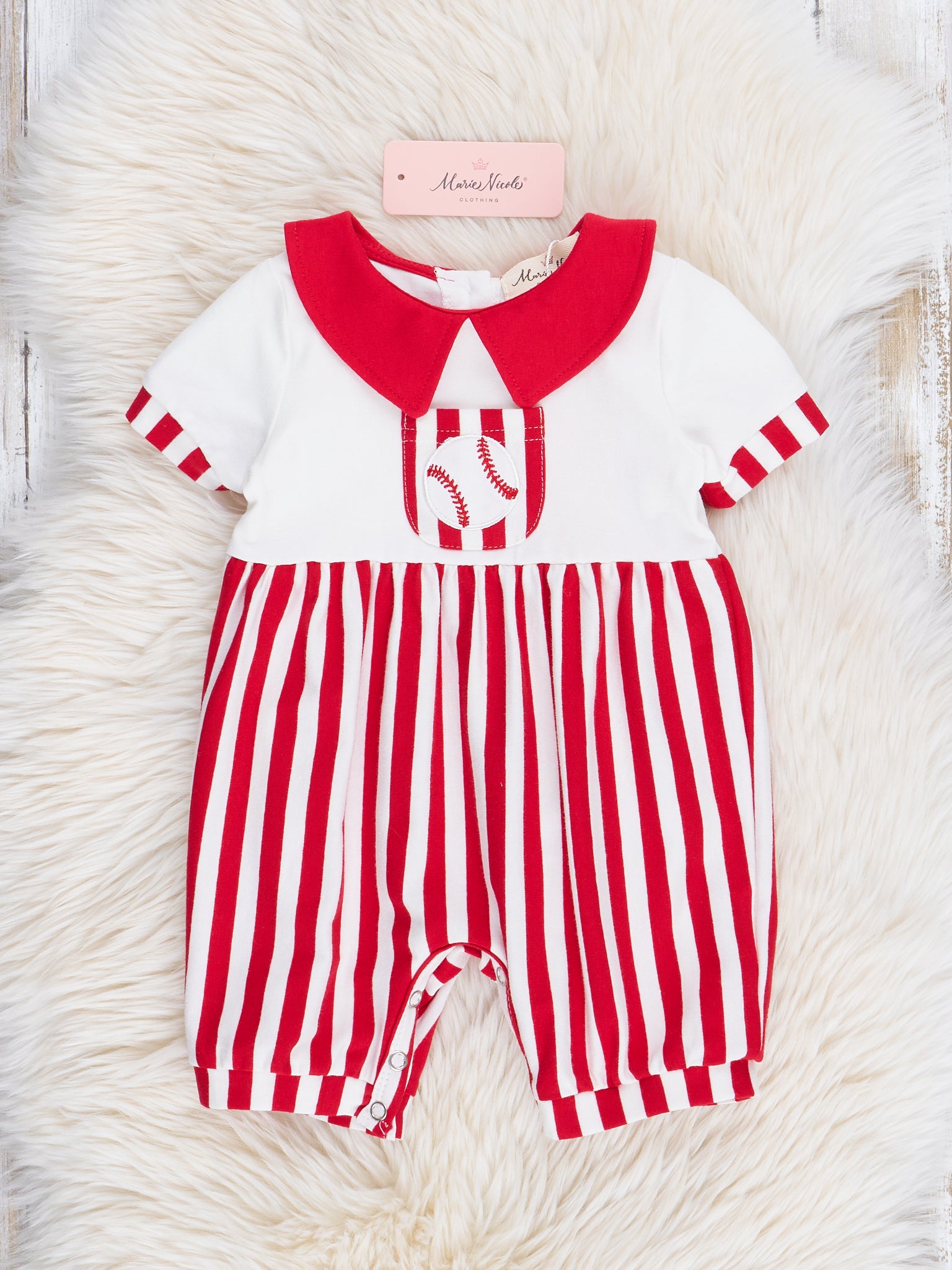 Red Stripes Embroidered Baseball Romper - Marie Nicole Clothing